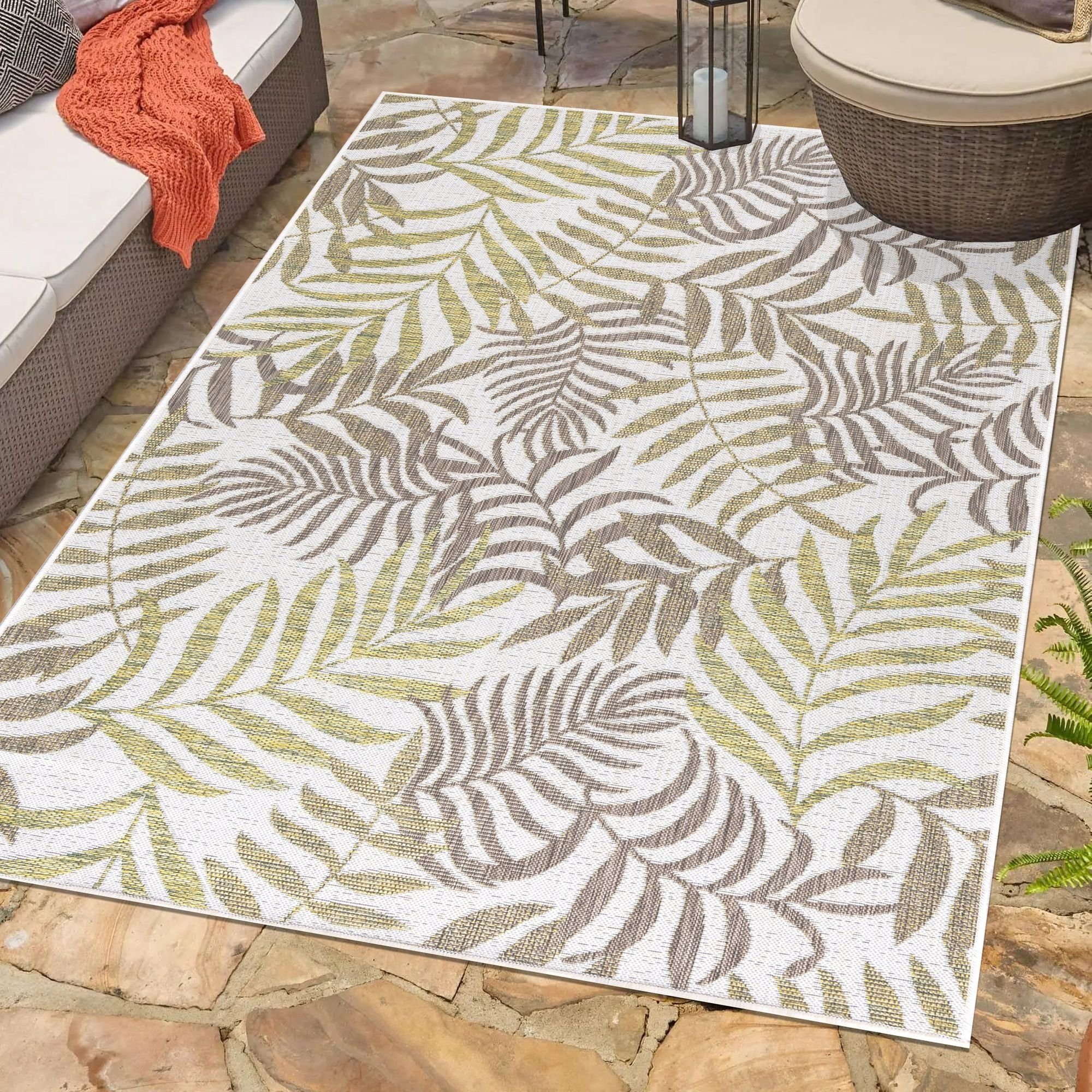 Outdoorteppich Palmen Design, Carpetsale24, Läufer, Höhe: 5 mm, Teppich Palmen Design Flachgewebe Küchenteppich Balkon Terrasse