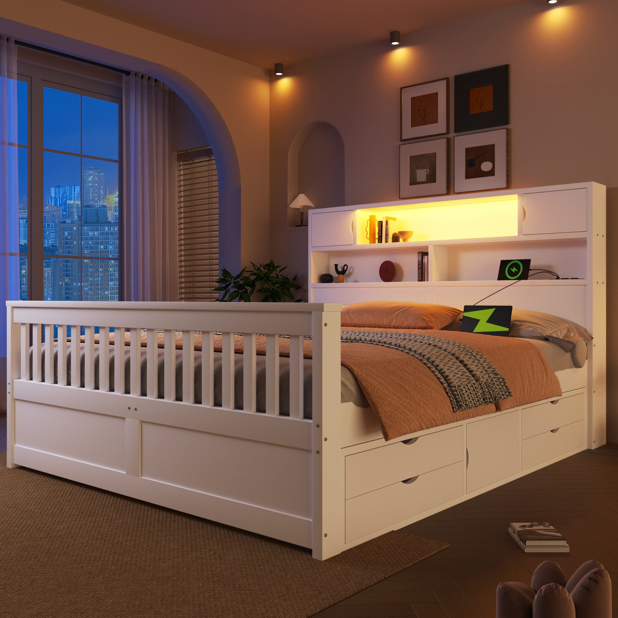 Merax Massivholzbett mit LED-Kopfteil & USB-Anschluss (Plattformbett Bettgestell Doppelbett aus Holz, 1-tlg), 160x200cm mit 4 Schubladen, Stauraumregalen, Bücherregal & Ablagen