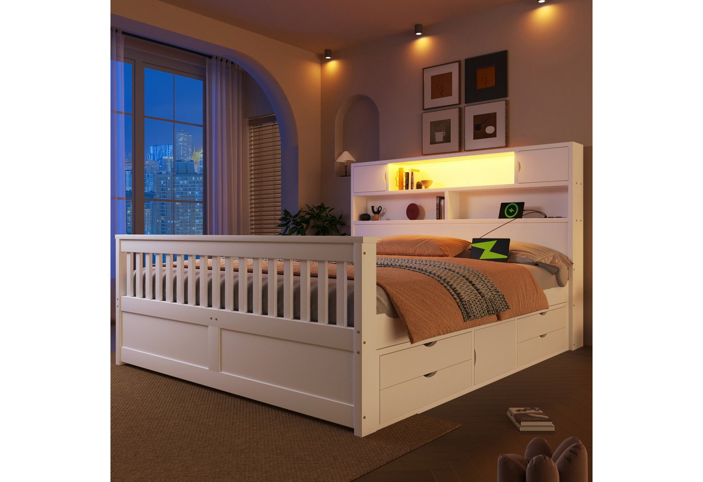 Merax Massivholzbett mit LED-Kopfteil & USB-Anschluss (Plattformbett Bettgestell Doppelbett aus Holz, 1-tlg), 160x200cm mit 4 Schubladen, Stauraumregalen, Bücherregal & Ablagen