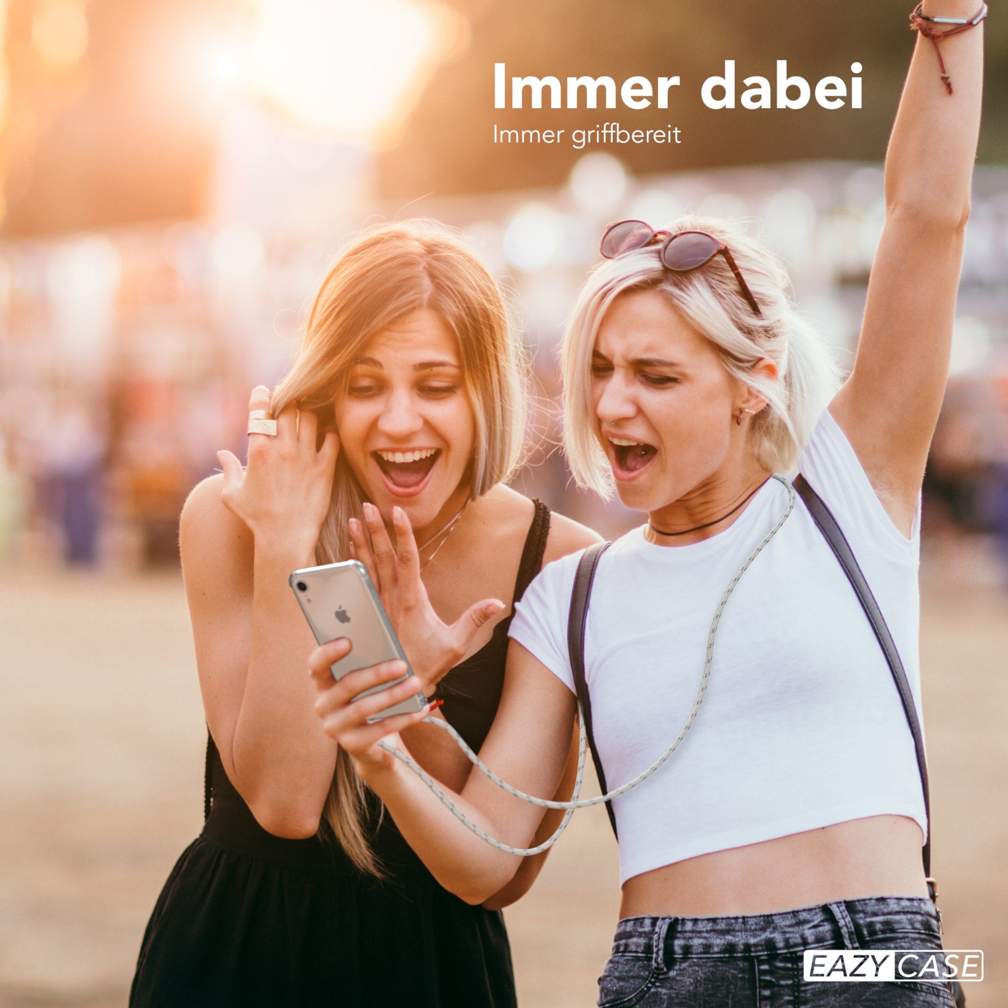 EAZY CASE Handykette Hülle mit Kette für Apple iPhone XR 6,1 Zoll, Hülle Smartphonekette für Unterwegs Festivalhülle Transparent Weiß