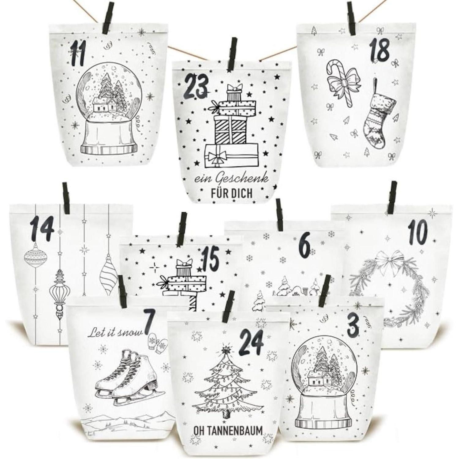 LuxusKollektion DIY-Adventskalender Adventskalender 24 Weiß Papier Weihnachtsleben Schwarz