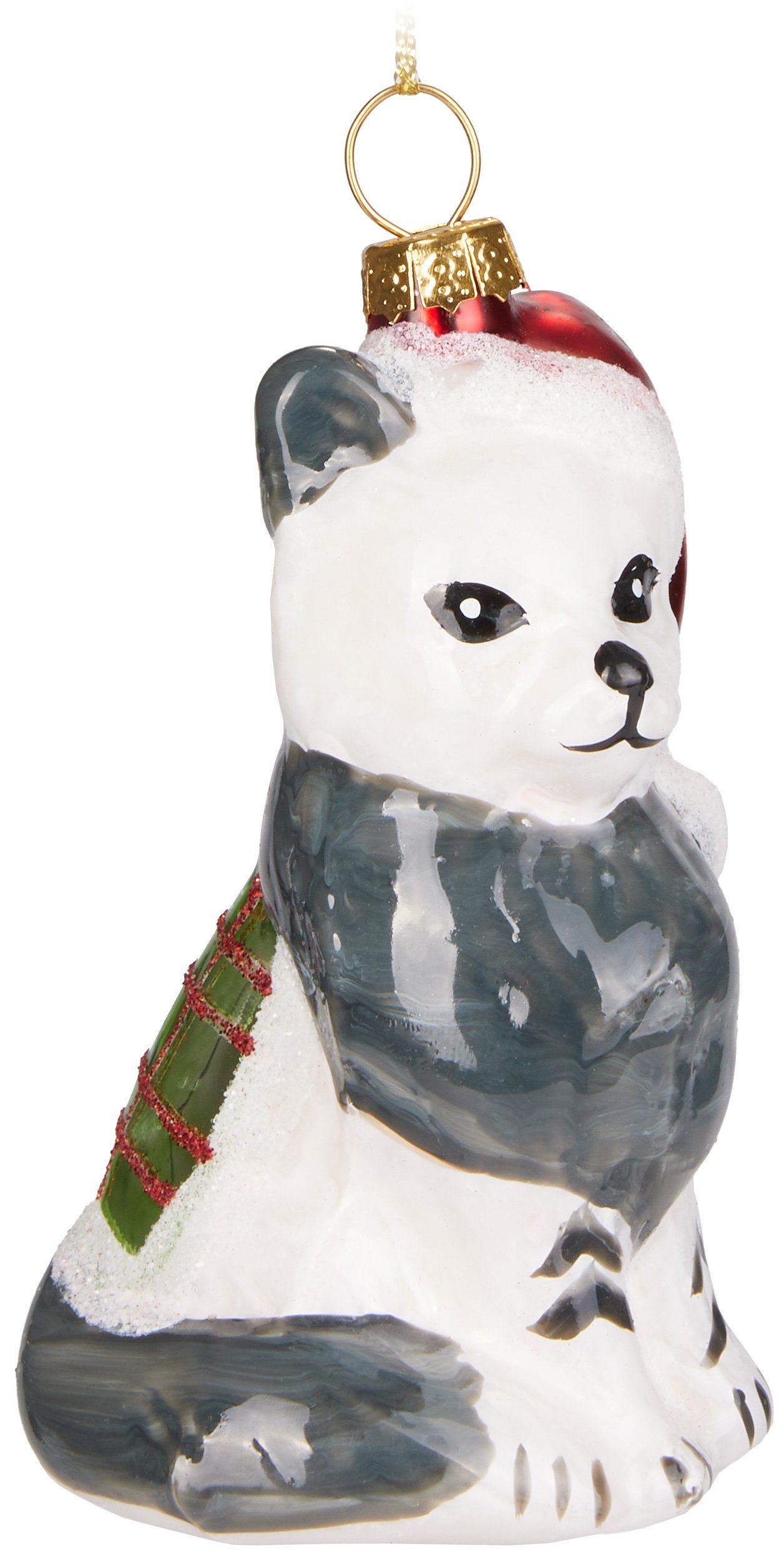 BRUBAKER Christbaumschmuck Katze mit Decke und Weihnachtsmütze Rot Grün - Baumkugel (1-tlg), Handbemalte lustige Weihnachtskugel aus Glas - Christbaumschmuck