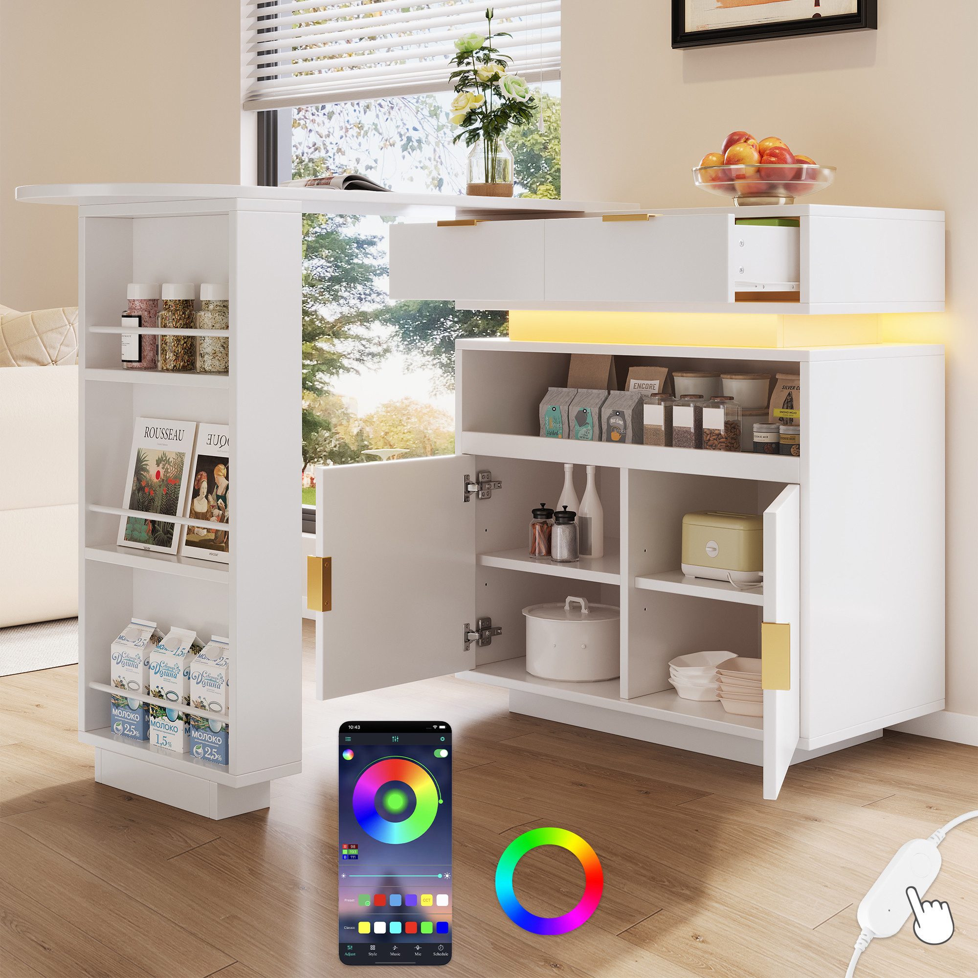Merax Bartisch 360° drehbar Stehtisch mit LED-Beleuchtung (mobile Kaffeebar, geeignet für Küche/Esszimmer/Wohnzimmer, 1-St., 115–183 × 40 × 99,5 cm), ausziehbar Kücheninsel mit 2 Schubladen, 2 Türen, Regalen und Stauraum