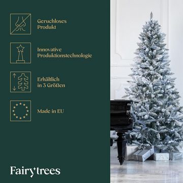 Fairytrees Künstlicher Weihnachtsbaum FT13, Fichte Natur-Weiss mit Schneeflocken, und Echtholz Baumständer