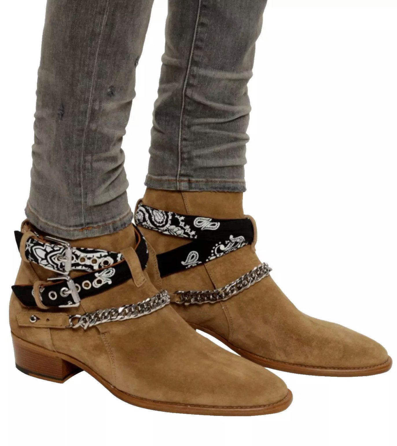 AMIRI Jodhpur Ketten Schuhe Bandana Suede Schuhe Bootsschuh Crossover-Bandana-Riemen, Silberfarbene Kette