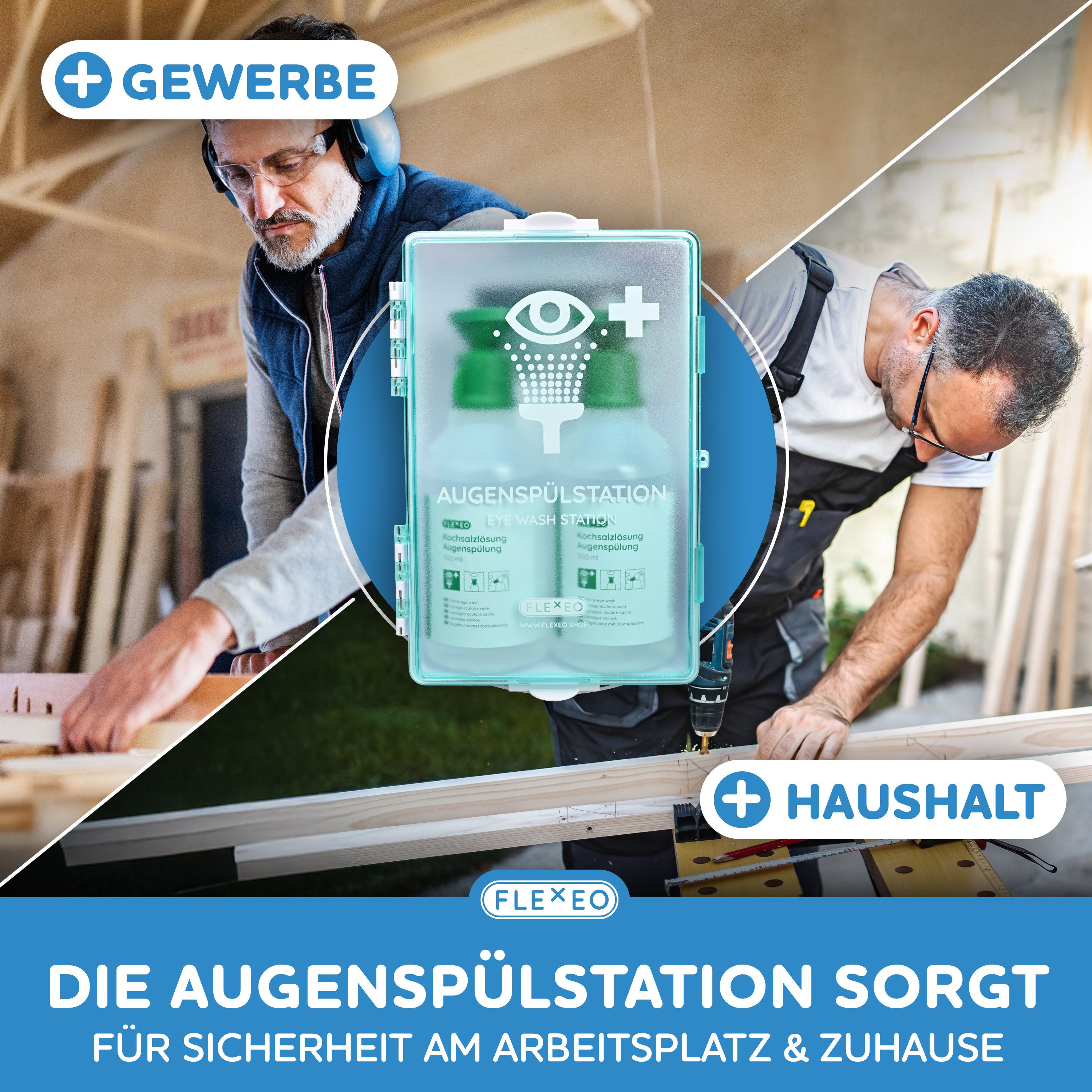 FLEXEO Erste-Hilfe-Set, (1 St), Augenspülstation, inkl. Wandhalterung, 2 x 500ml NaCl, zur Wandmontage