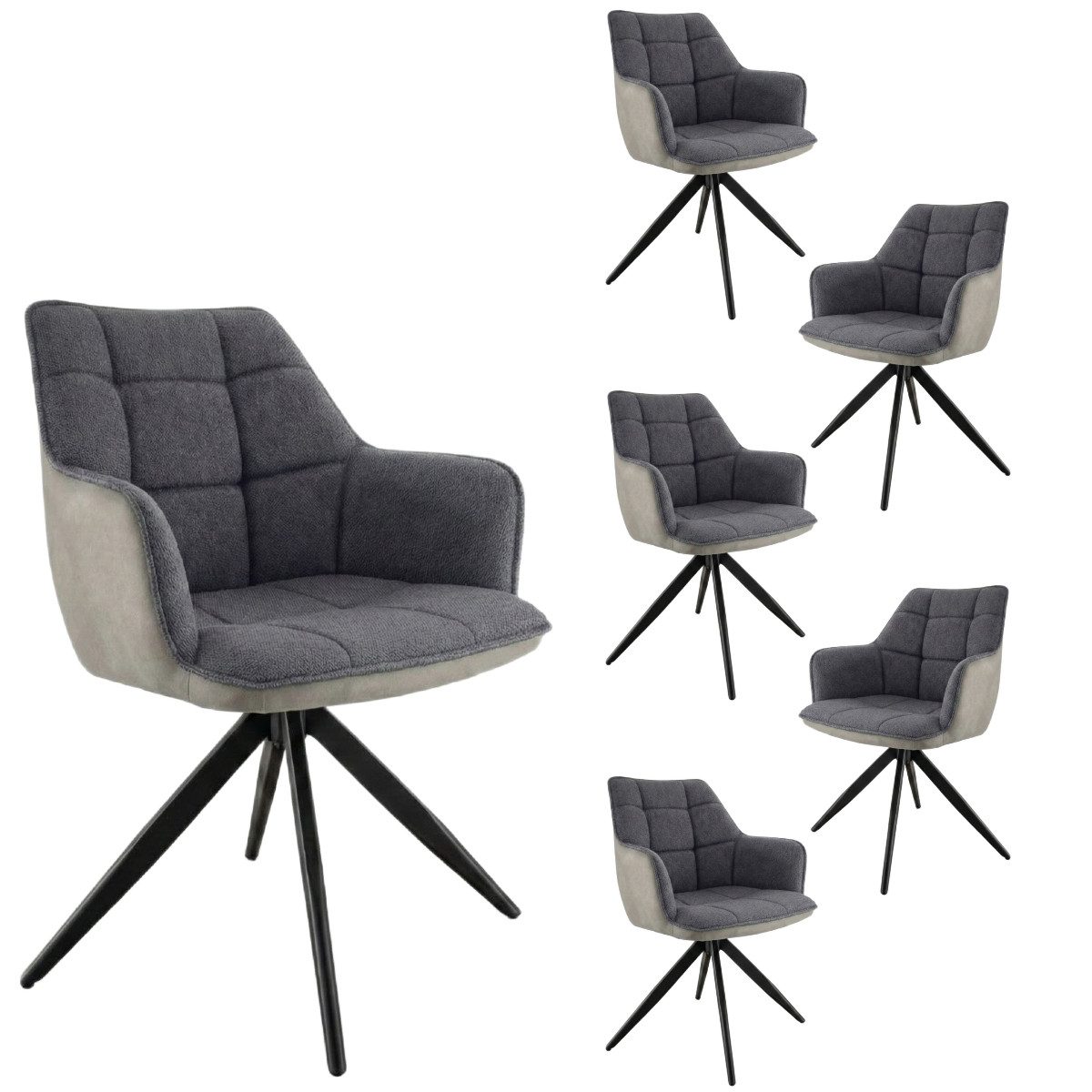Liadomo Armlehnstuhl London, Esszimmerstuhl, Armlehnstuhl, Küchenstuhl, Polsterstuhl (6er Set), mit Armlehnen, Textilbezug, 4-Fuß-Metallgestell schwarz, 360° drehbar