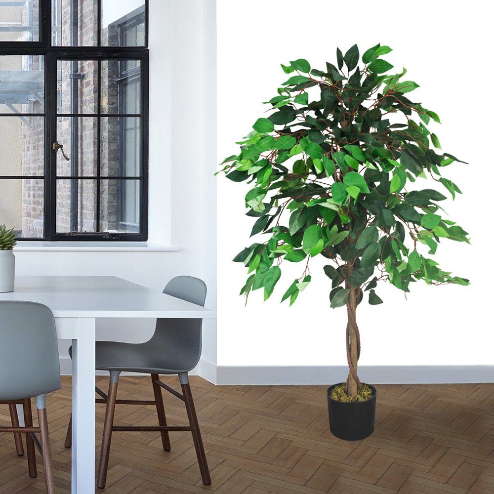 Decovego Kunstpflanze Birkenfeige 110cm, Echtholz Künstliche Pflanze mit Ficus Benjamin