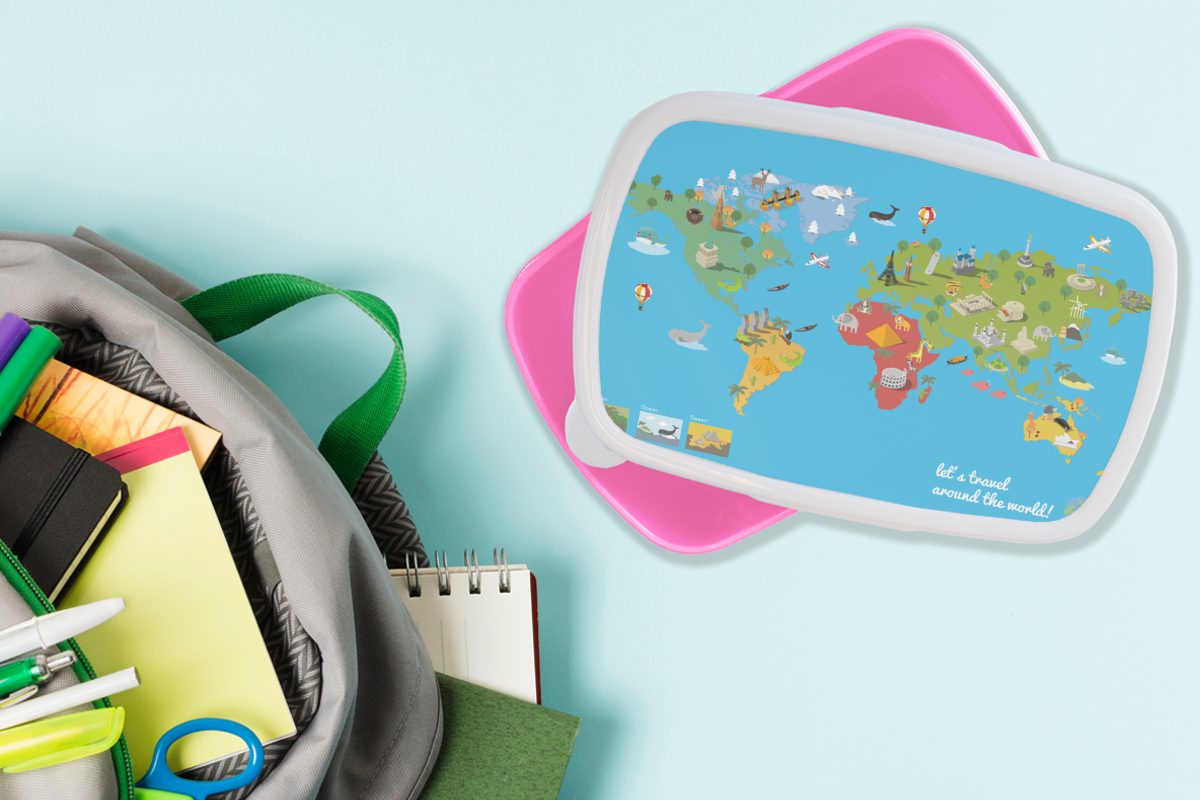 rosa Erwachsene, für Kinder (2-tlg), Lunchbox Kinder, Symbole, Brotdose Kunststoff, MuchoWow - Snackbox, Kunststoff Brotbox - Mädchen, Modern Weltkarte