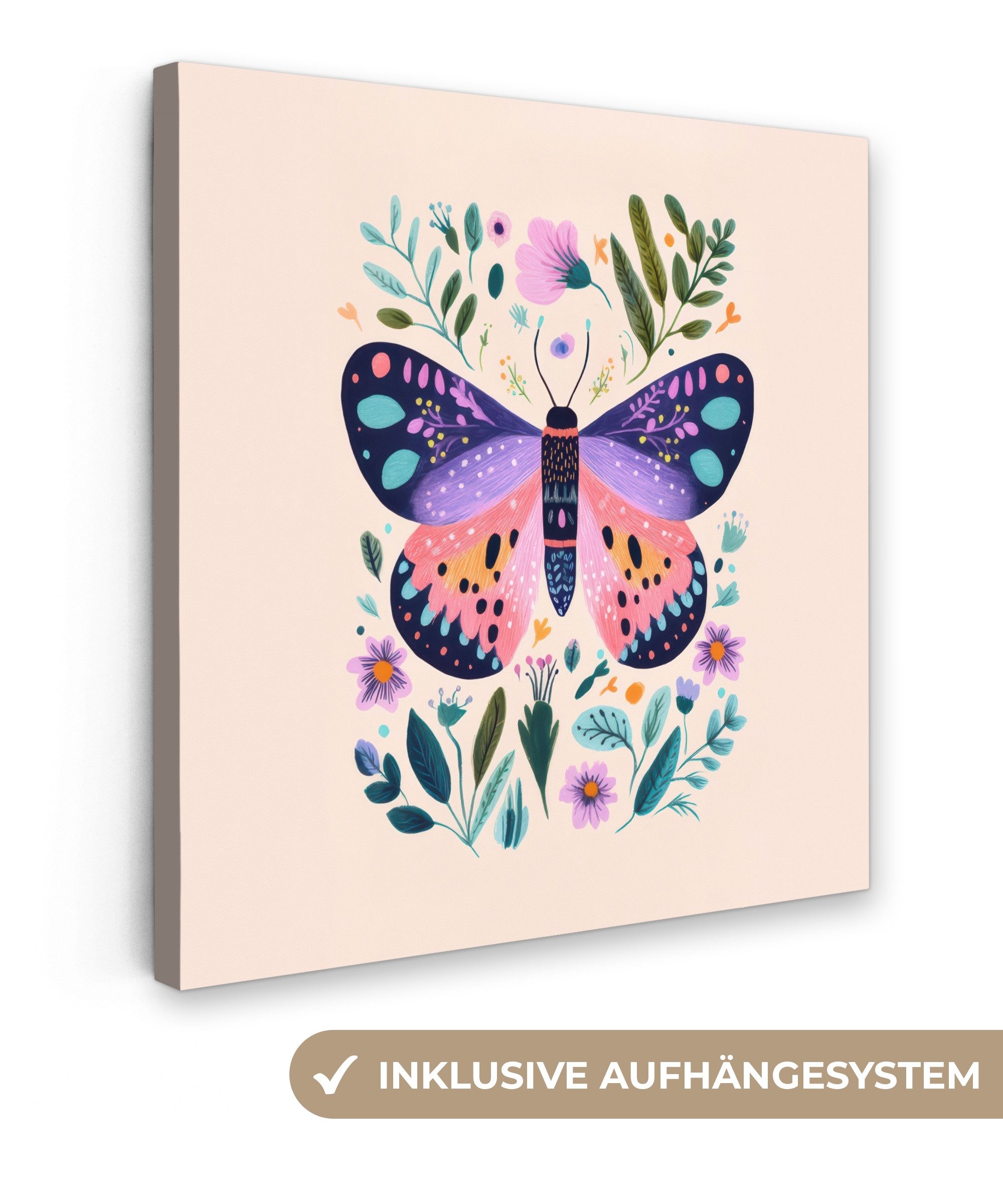 Leinwandbild Blumen - Blätter - Schmetterling - Farbenfroh