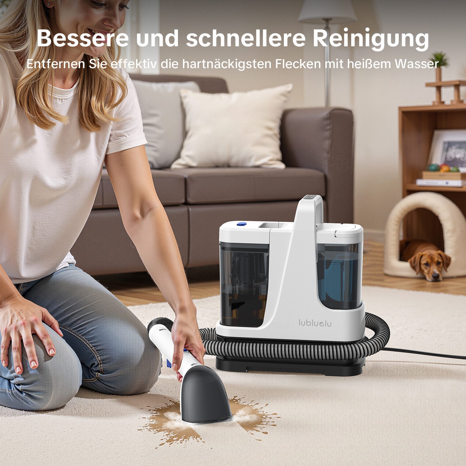 lubluelu Teppichreinigungsgerät V9 mit Dampffunktion Teppichreiniger Polsterreiniger 16500PA 3-in-1, 1250 W, beutellos, 100°C Dampf, 60°C Heißwasser, Kaltwasser-Funktion, Selbstreinigung