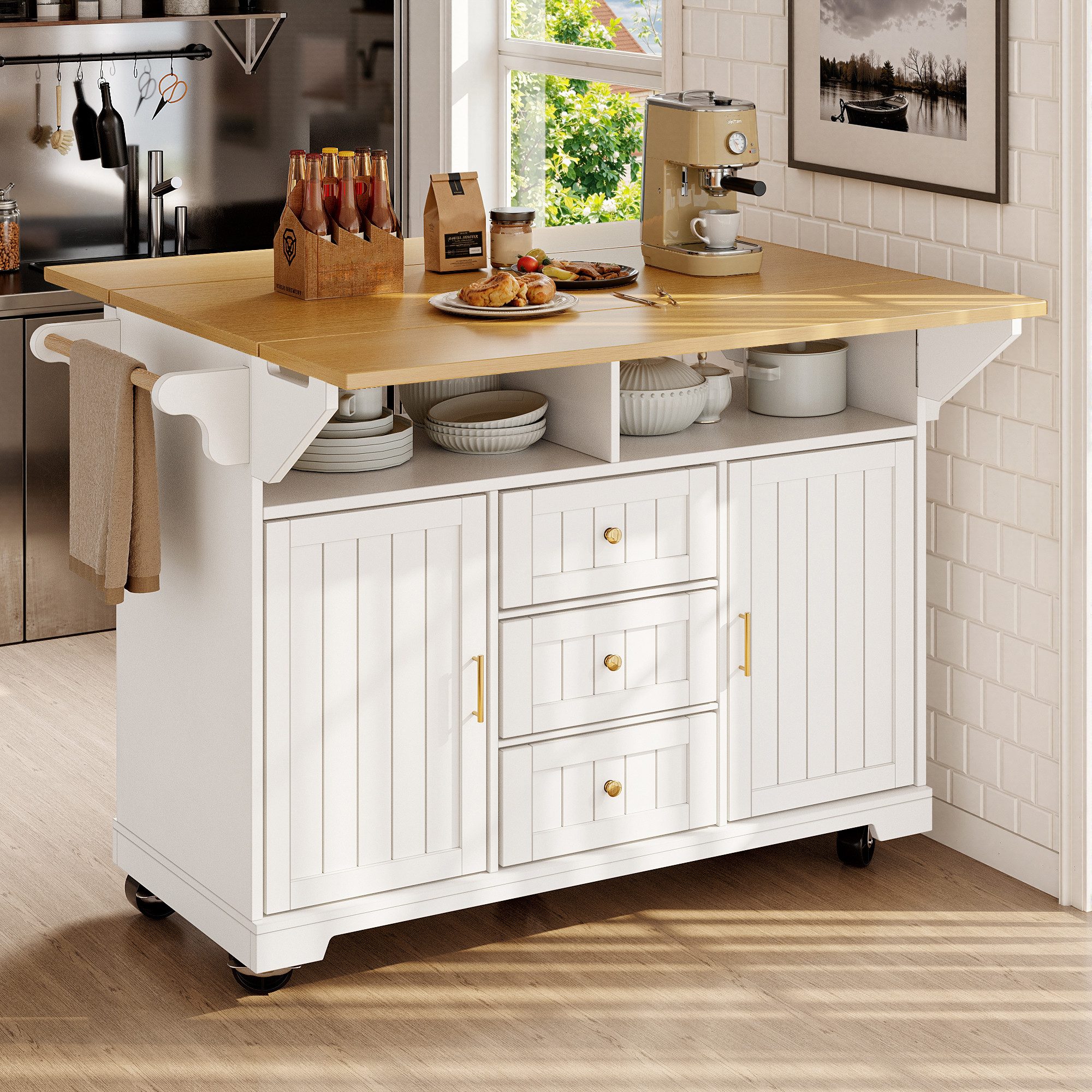 Odikalo Kücheninsel mit Arbeitsplatte Küchenwagen Servierwagen, (Kücheninsel, Schrank, Buffetschrank 120 x 40 (80) x 95 cm, ausziehbarer Küchenwagen mit Rollen, beidseitig ausziehbar, mit Handtuchhalter und Gewürzregal, zwei Türen, drei Schubladen, schwarz/weiß)