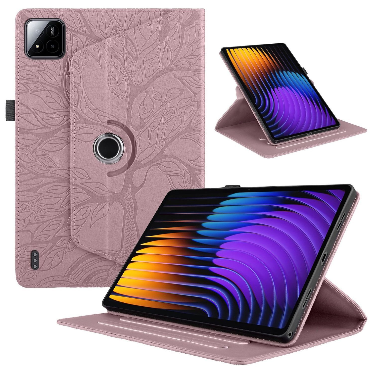 Wigento Tablet-Hülle 360 Grad für Xiaomi Pad 8 / 8 Pro / Pad 7 / 7 Pro Baum Book Pink, 360° Drehfunktion, Baum des Lebens Motiv, Standfunktion