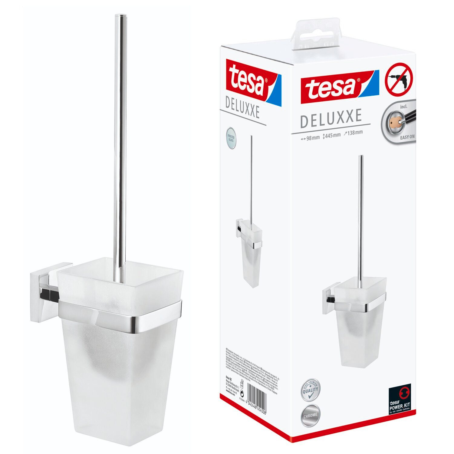 tesa WC-Reinigungsbürste DELUXXE WC-Bürstenhalter ohne Bohren - 39,6 cm : 12,5 cm : 9,7 cm, Badezimmer, Gäste-WC, Wandmontage, (Packung, 1-tlg), selbstklebende WC-Bürste für Wandmontage - chrom - silber glänzend