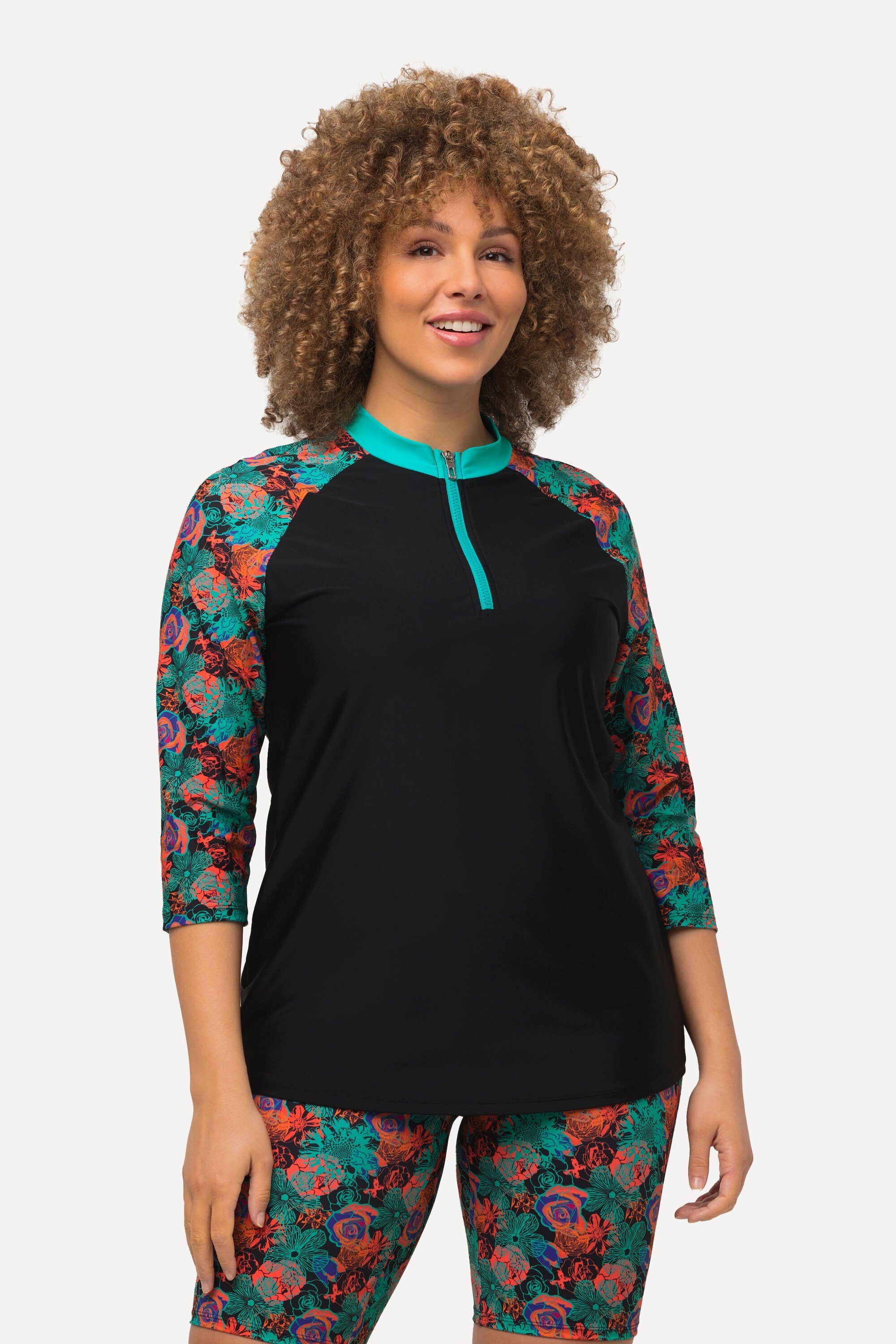 Ulla Popken Tankini UVShirt PixelBlüten LSF 50+ Stehkragen 3/4Arm