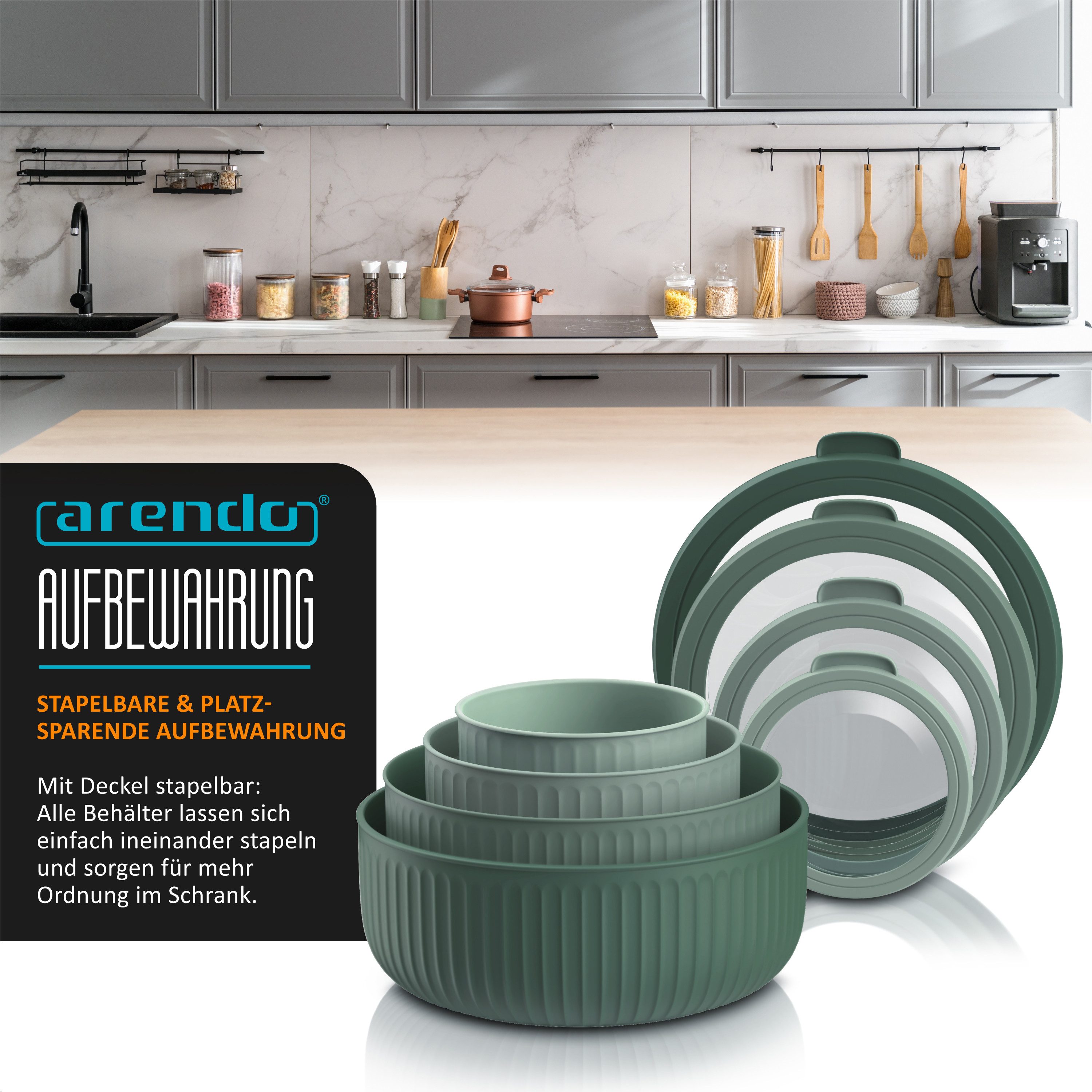 Arendo Salatschüssel 4er Schüssel Set mit Deckel, 0,38 bis 2,4 Liter, Rührschüssel, Kunststoff, (Set, 4-tlg), auslaufsicher, stapelbar, Spülmaschinen & Mikrowellen geeignet