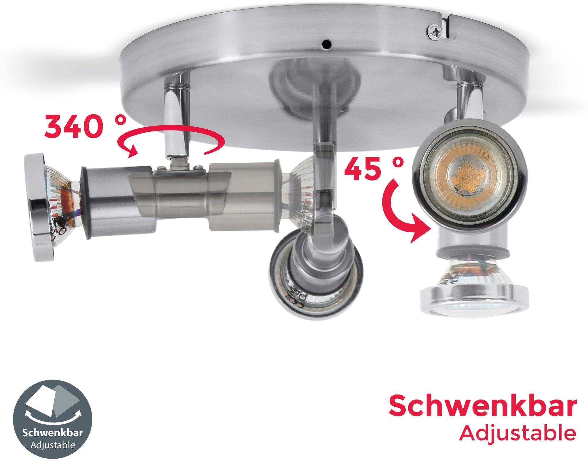 B.K.Licht Deckenspots BK_DS1137 inkl. Leuchtmittel IP44 und Dreh- 5W, GU10, 3.000K 3x 400 warmweiß, schwenkbar, Spritzwasserschutz Lm, Warmweiß, wechselbar, Bad-Deckenleuchte, LED