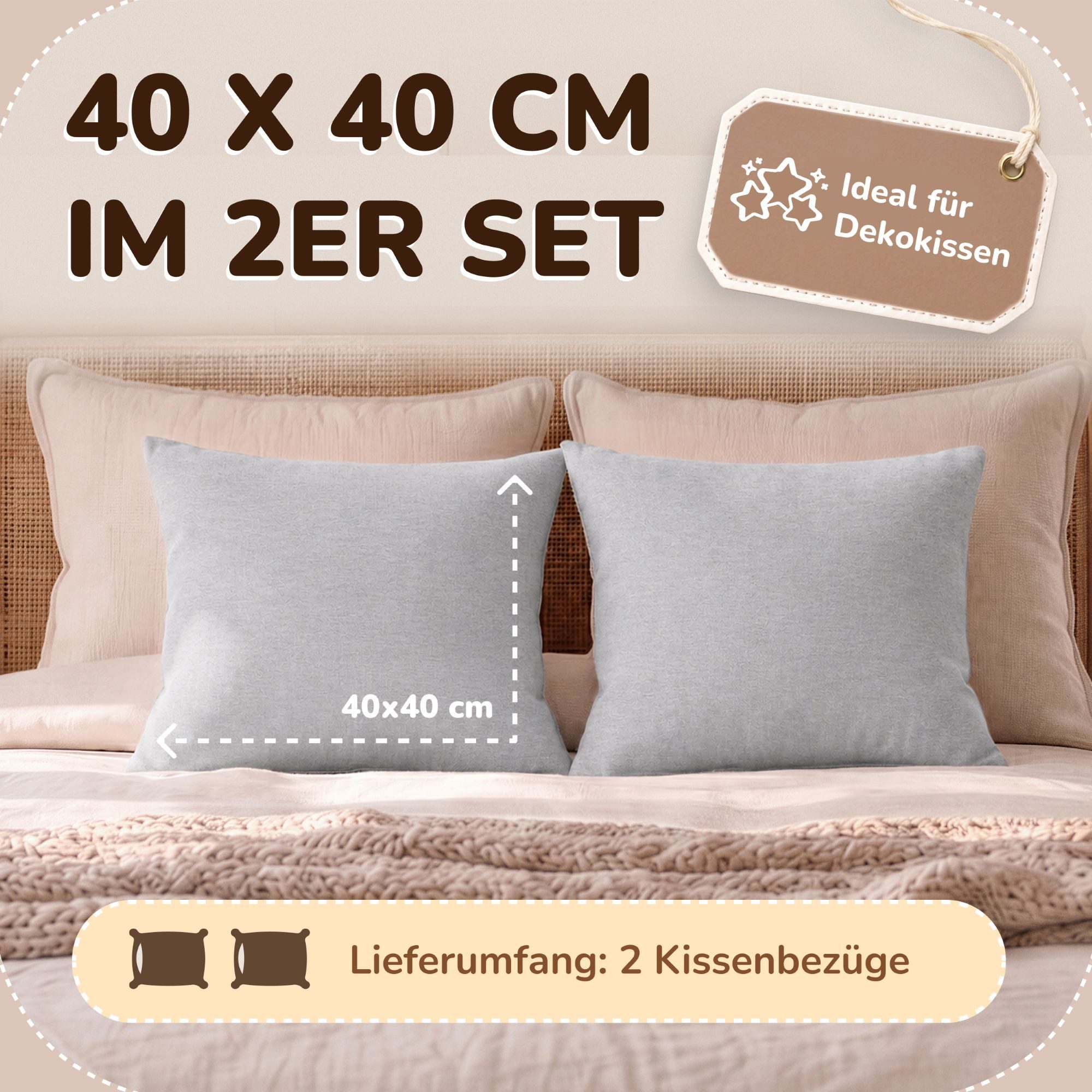 leevitex® Kissenbezüge Kissenbezug 40 x 40 cm, 2er Set, Silber/Hellgrau, (2 Stück), feine Jersey-Qualität, 100% Baumwolle, robuster Reißverschluss