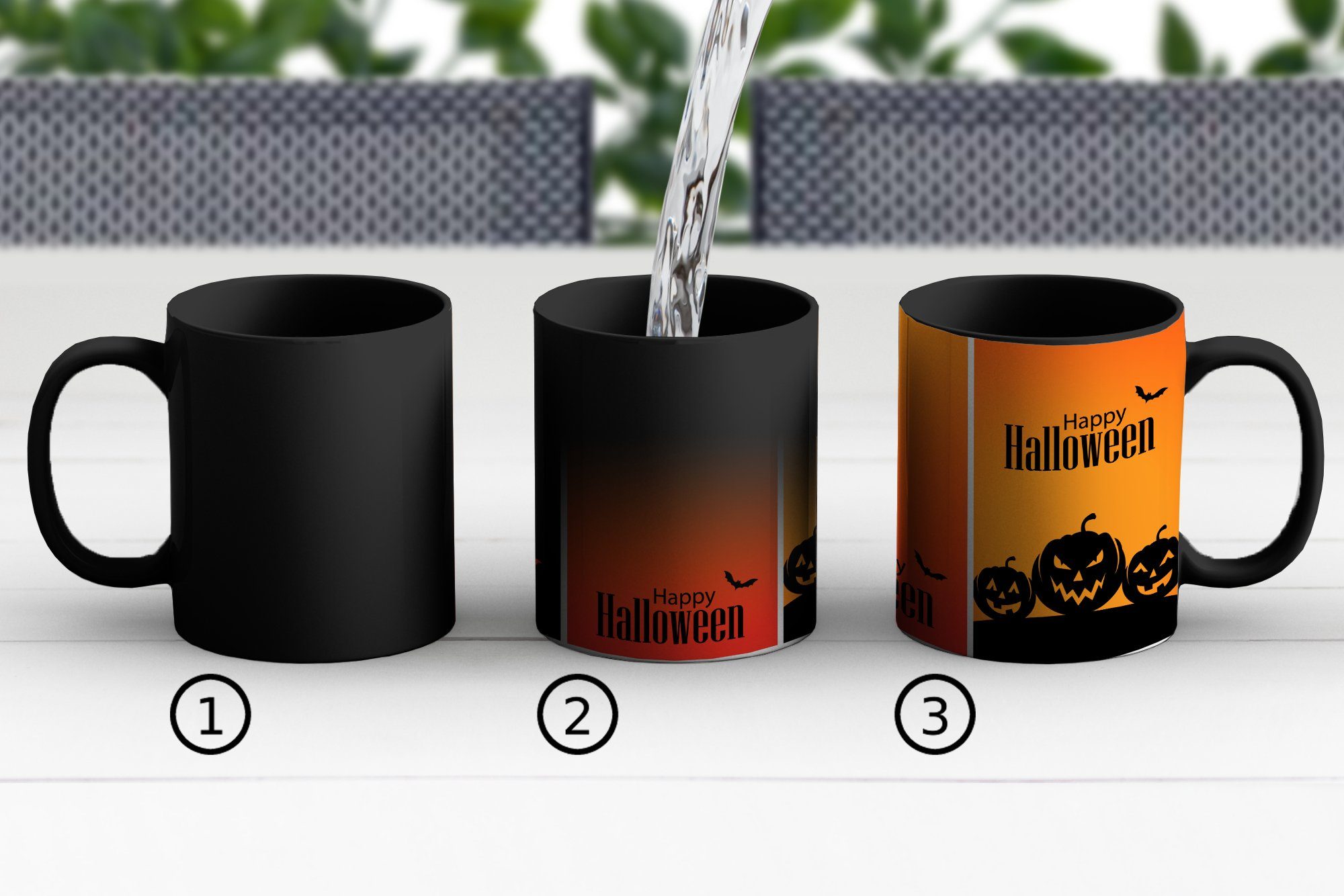 MuchoWow Tasse Eine Farbwechsel, Teetasse, in Teilen, Zaubertasse, Keramik, Geschenk von drei Illustration Kaffeetassen, Halloween