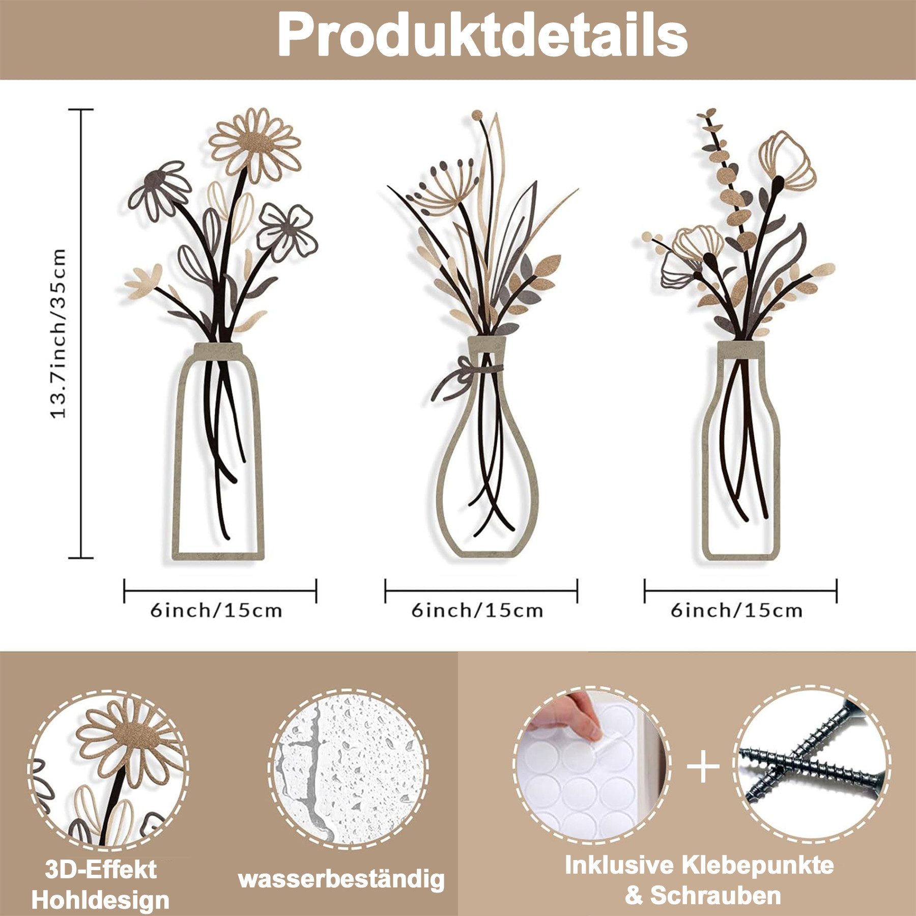 Mutig Wanddekoobjekt 3 Stück Metall Blumen Wanddekoration, Bunte Metall Blumen Wandskulptur (Minimalistische Vase Wandkunst, 35 x 15 cm), für Terrasse Wohnzimmer Badezimmer Schlafzimmer Esszimmer Dekorationen