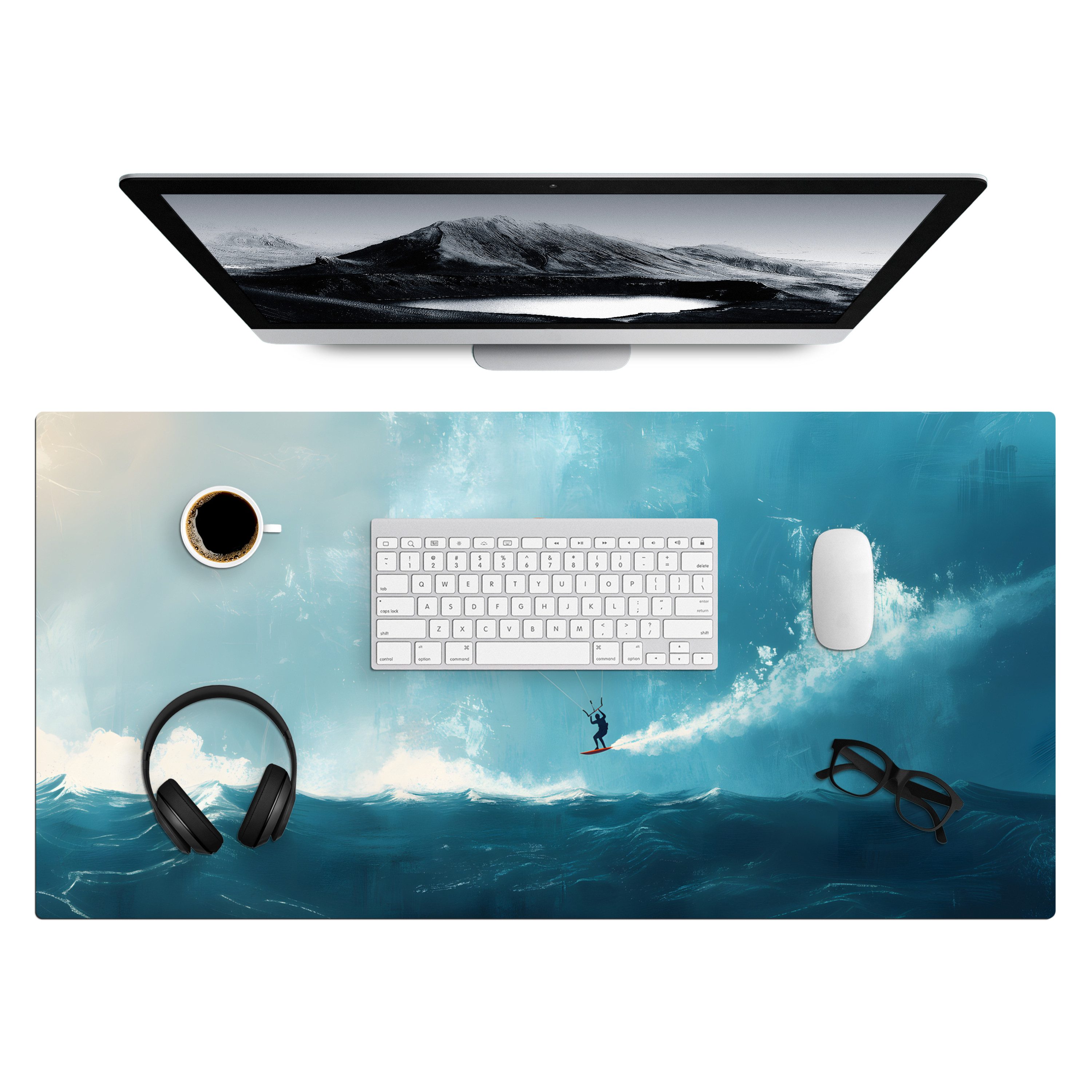 MuchoWow Gaming Mauspad Kitesurfer - Orange - Meer - Himmel (1-St), Gaming Mauspad XXL, Schreibtischunterlage, Mousepad, Deko, 90x45 cm