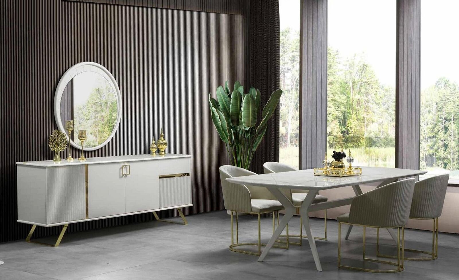 JVmoebel Esszimmer-Set, Luxus Essgruppe Tisch mit Stühlen Esstisch Spiegel Kommode | Esszimmer-Sets