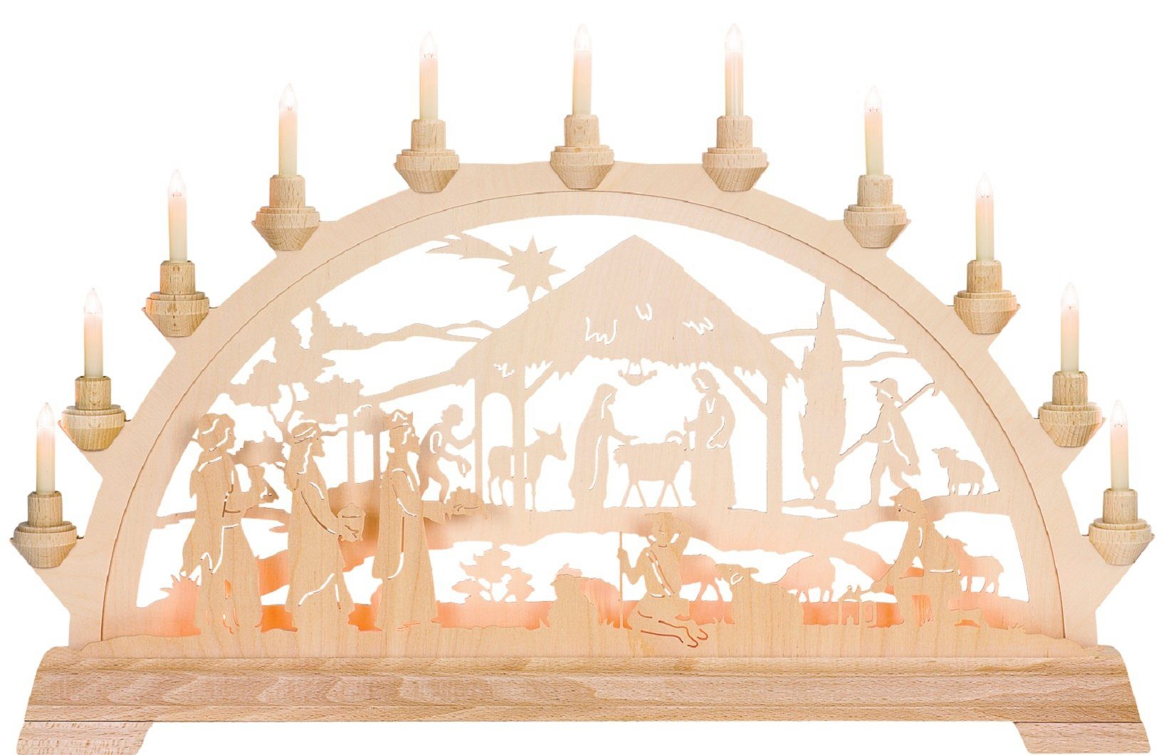 Kunstgewebe Taulin Schwibbogen Christgeburt mit Könige mit Vorbeleuchtung, 16 flammig elektrisch beleuchtet | Schwibbögen