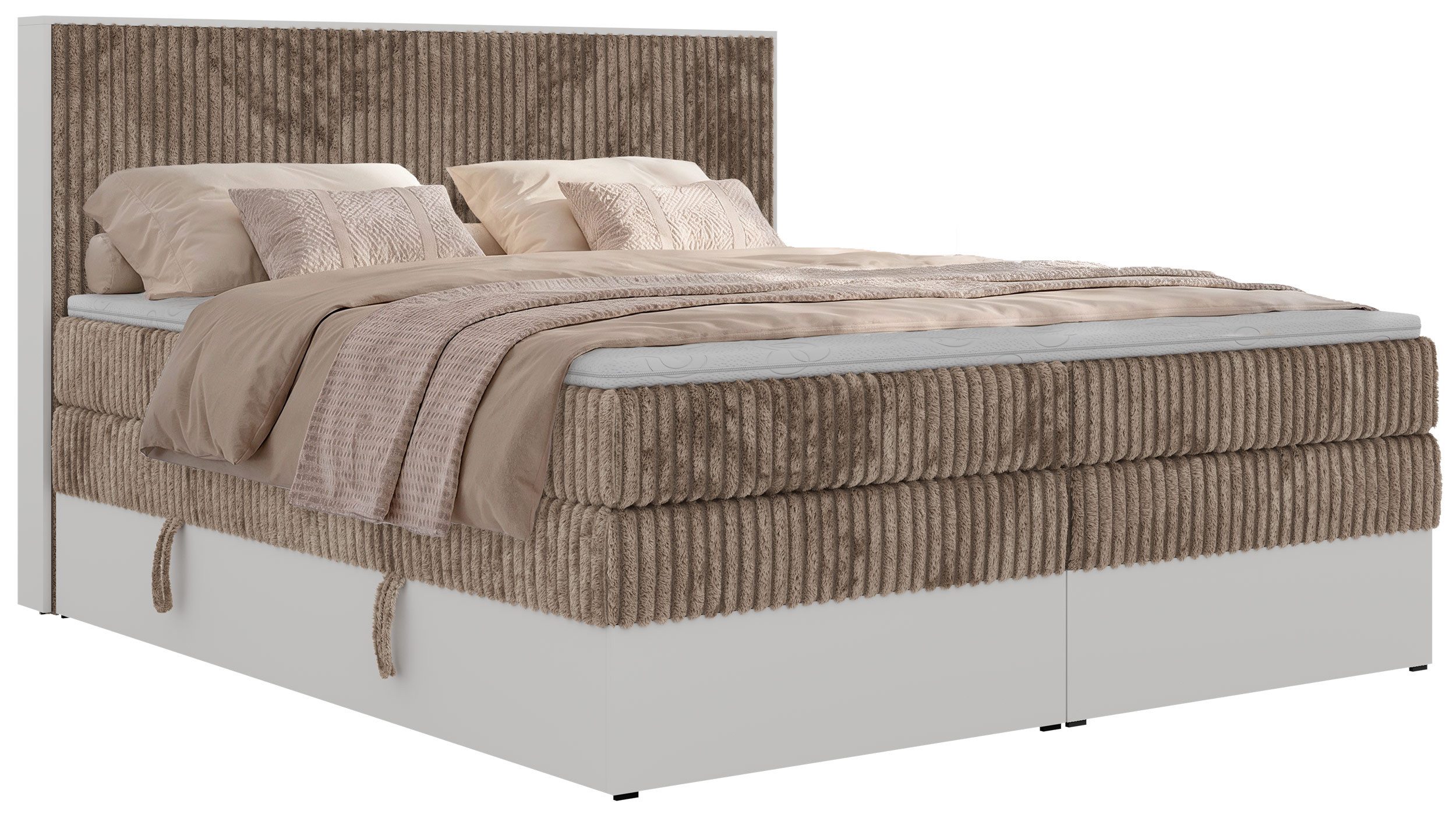 MKS MÖBEL Boxspringbett TRAVIT KING (mit Stauraum, Set, inkl. 2 Multipocket Matratzen und Topper (T25/Visco), Cord-Bezug), weiße Deko-Möbelplattenelementen, H3/H4, 140x200–200x200