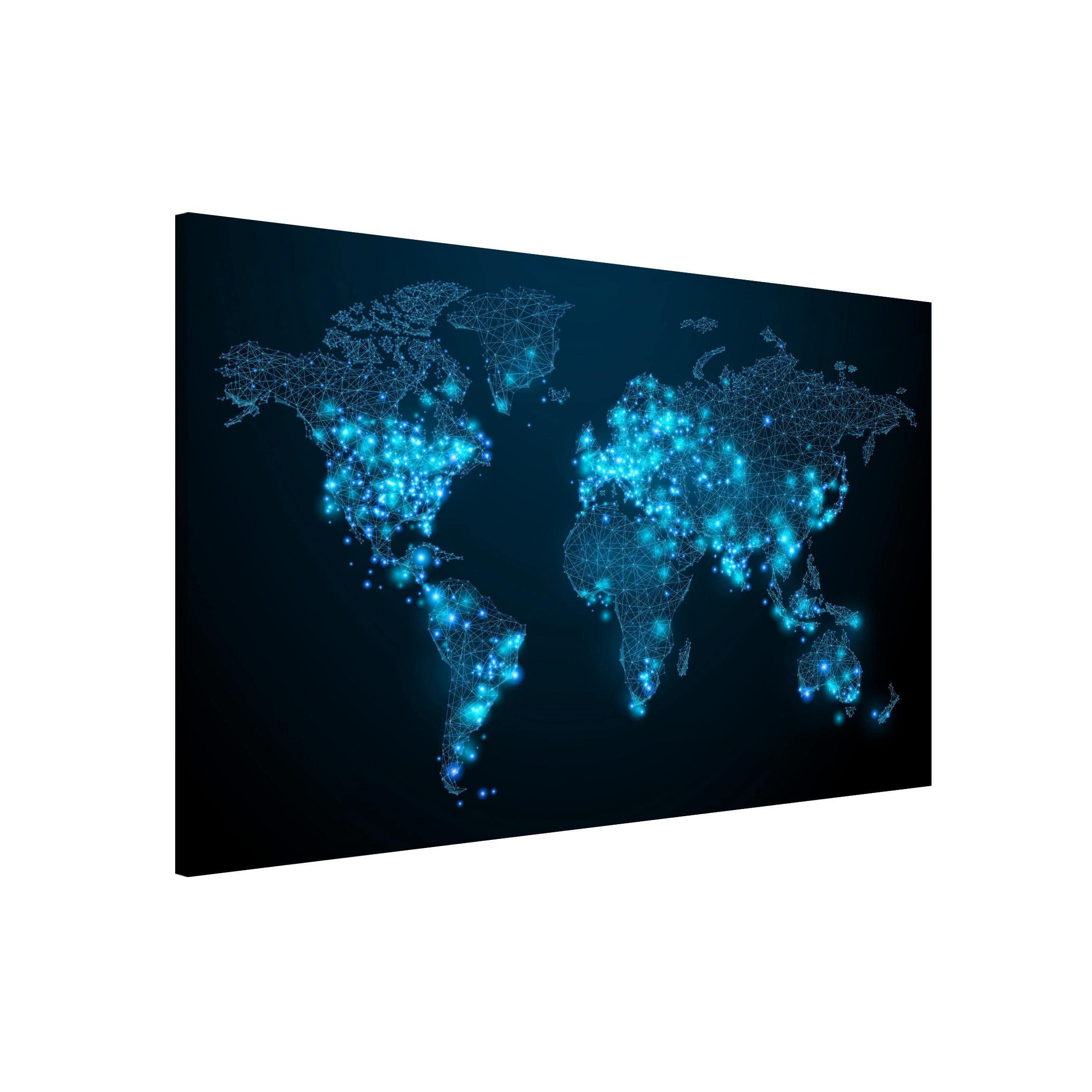 Bilderdepot24 Magnettafel Küche blau Connected World Weltkarte, (1-tlg., Magnetboard Pinnwand für die Wand - metallische Tafel für Magnete), Magnetwand groß mit Motiv Büro Memoboard magnetisch Querformat