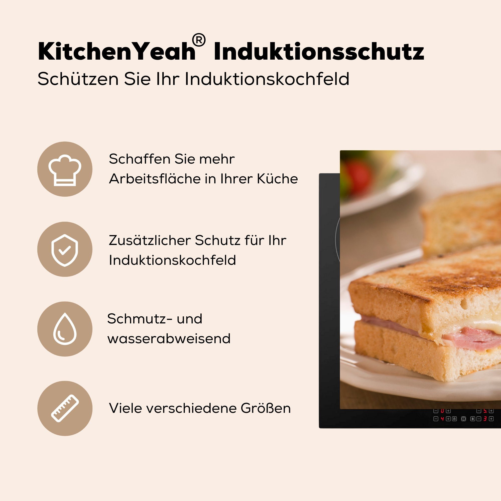 (1 Ceranfeldabdeckung MuchoWow auf Arbeitsfläche Mobile nutzbar, Schinken-Käse-Sandwich einem Herdblende-/Abdeckplatte Vinyl, weißen 70x52 tlg), Teller, cm,