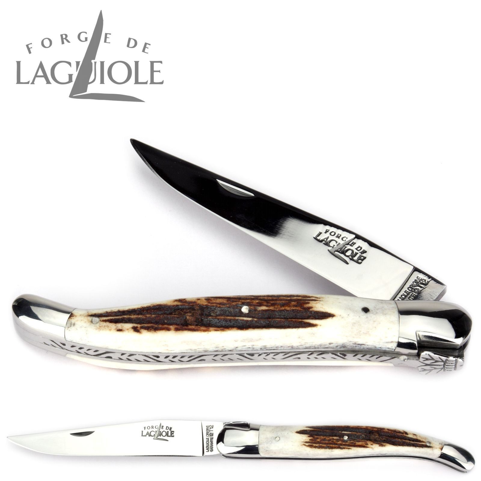 Forge de Laguiole Taschenmesser 1212 IN CF BRI, Griff 12cm Hirschhorn - Feder verziert - Stahl Backen Klinge glänzend