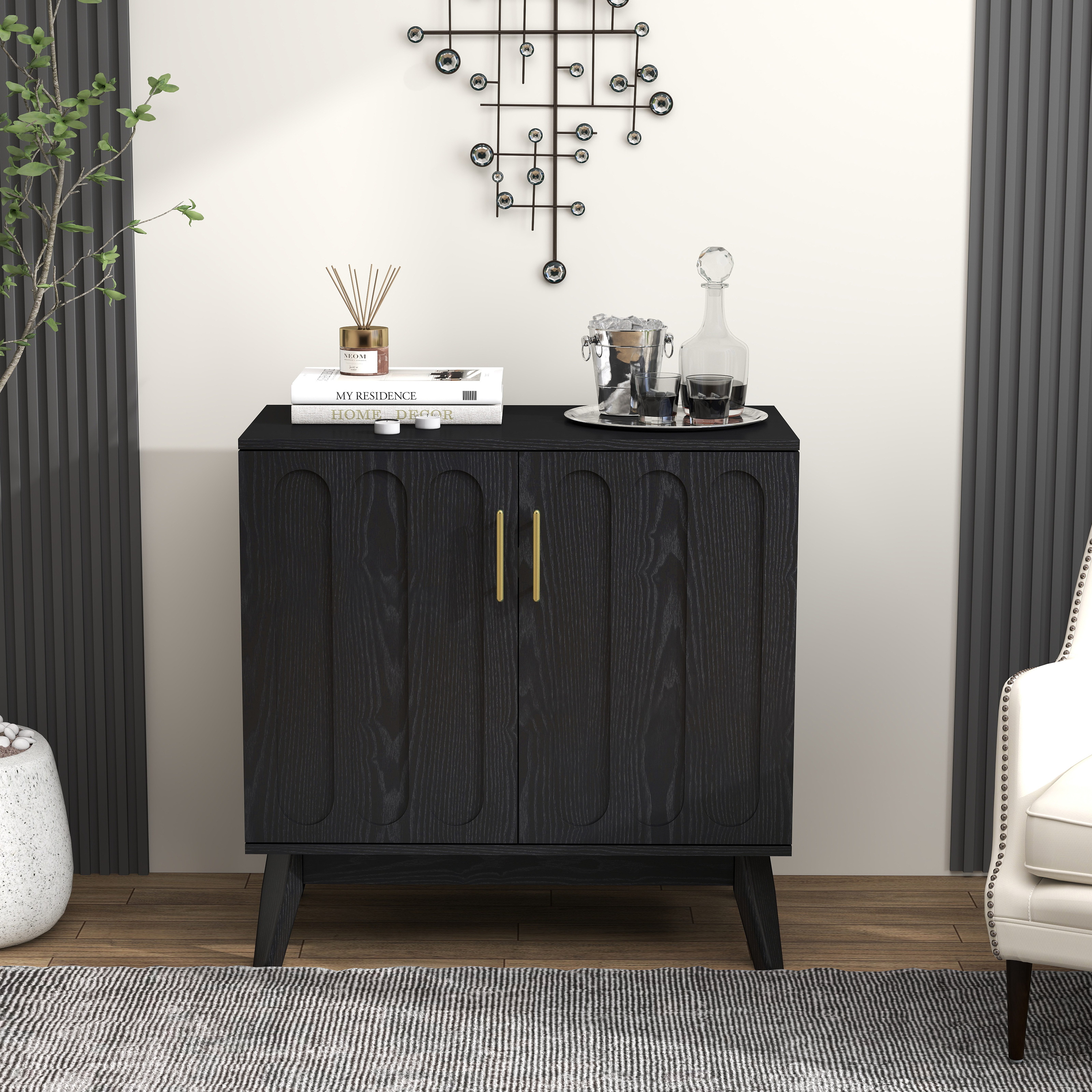 Celya Sideboard im Mid-Century-Modern-Stil mit geriffelten Fronten (mit verstellbaren Einlegeböden und Massivholzbeinen)