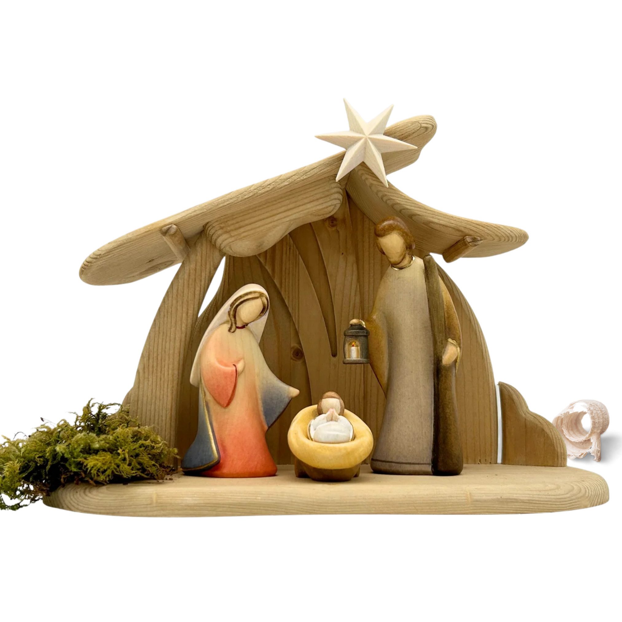 Akantus Krippe Weihnachtskrippe aus Holz: Hl. Familie (bemalt) mit Familienstall, holzgeschnitzt, handbemalt, Ahornholz, Made in Südtirol