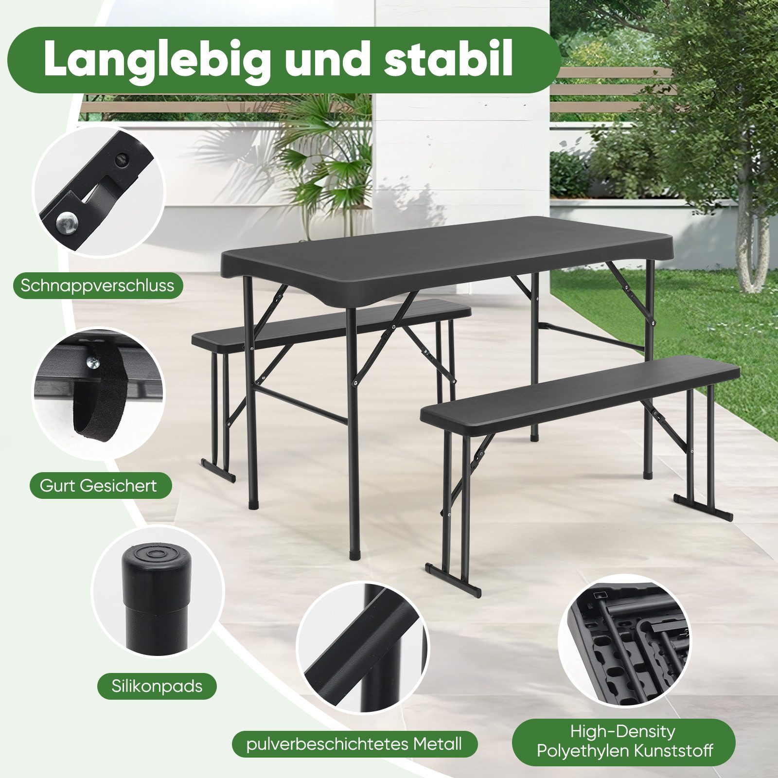 Sekey Garten-Essgruppe 3-teilig Bierzeltgarnitur Klappbar Biertisch Esstisch Set mit 2 Bänken, Klappbar Biertisch Set für 4 Personen, Festzeltgarnitur, Schwarz – Bild 5 von 5