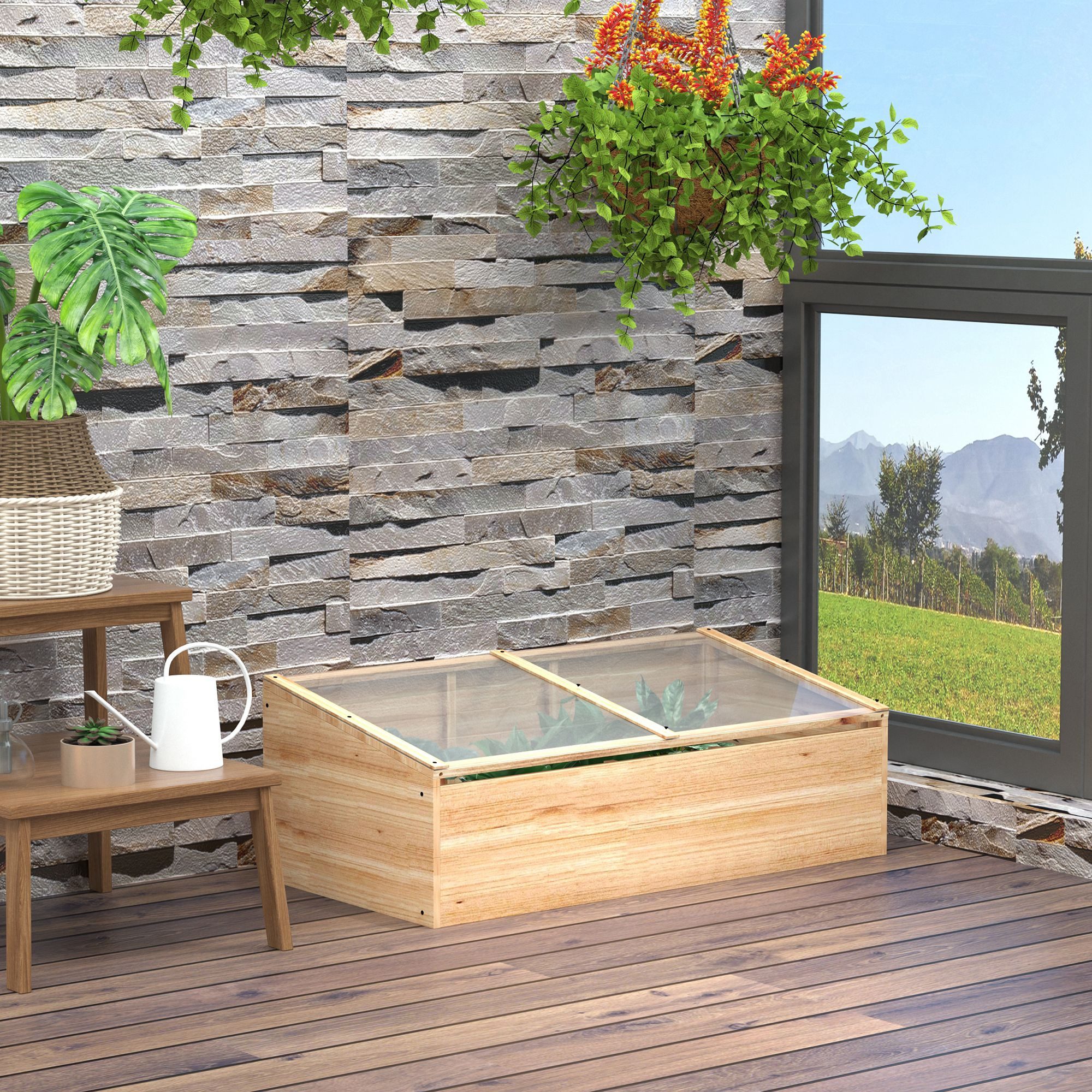 Outsunny Foliengewächshaus Gewächshaus Holz Frühbeetkasten Treibhaus für Garten Balkon, Frühbeet, Gewächshaus, 100 x 50 x 35 cm, Natur, Tanne, PC-Platte