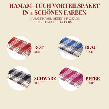 Carenesse Hamamtücher Classic Set 80 x 170 cm Pestemal Saunatuch Sporttuch Campingtuch Pareo, Baumwolle (4-St), saugfähig & schnell trocken rot/blau/schwarz/beere kariert Fouta towel