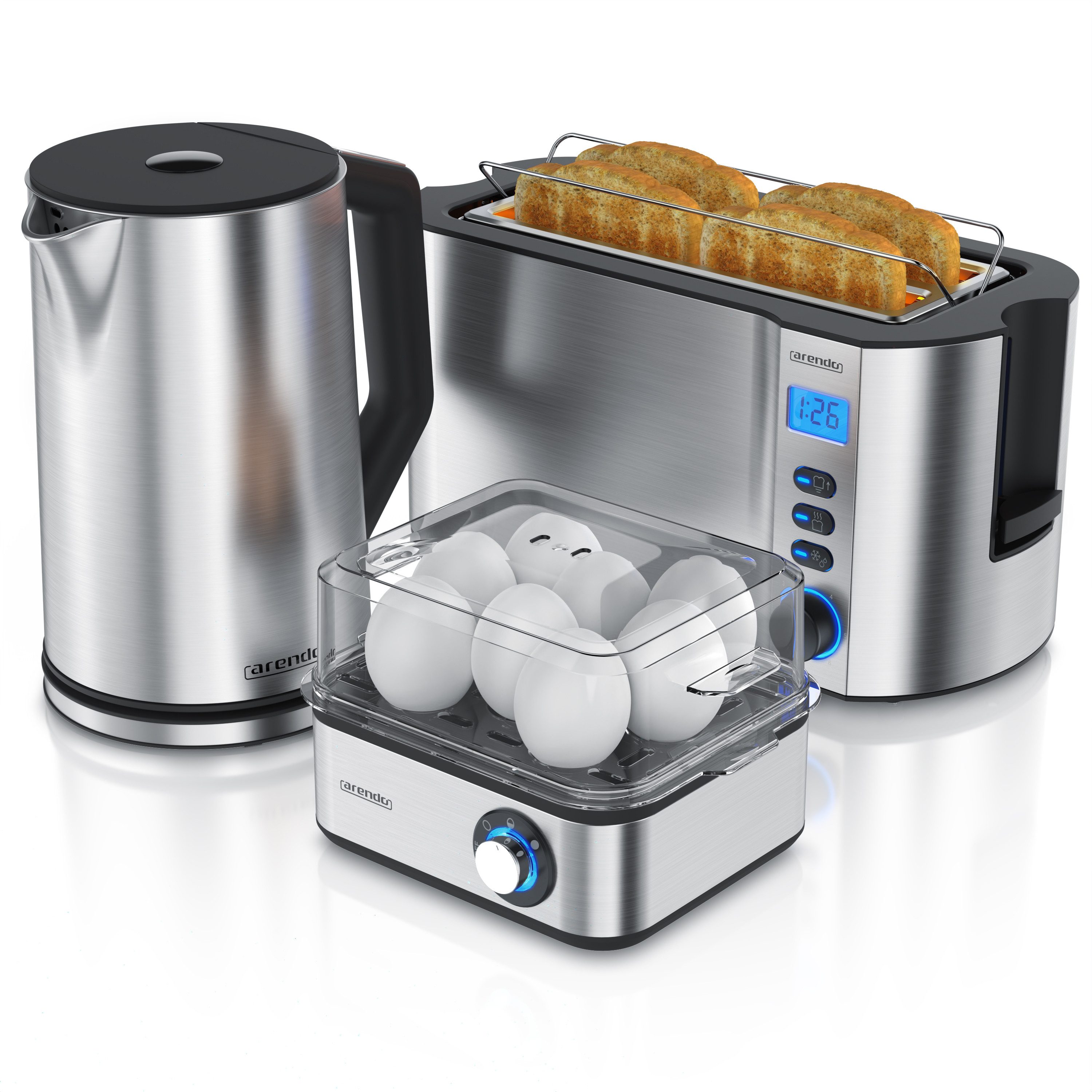 Arendo Frühstücks-Set (3-tlg), Wasserkocher 1,5l, 4-Scheiben Toaster, 8er Eierkocher, Silber