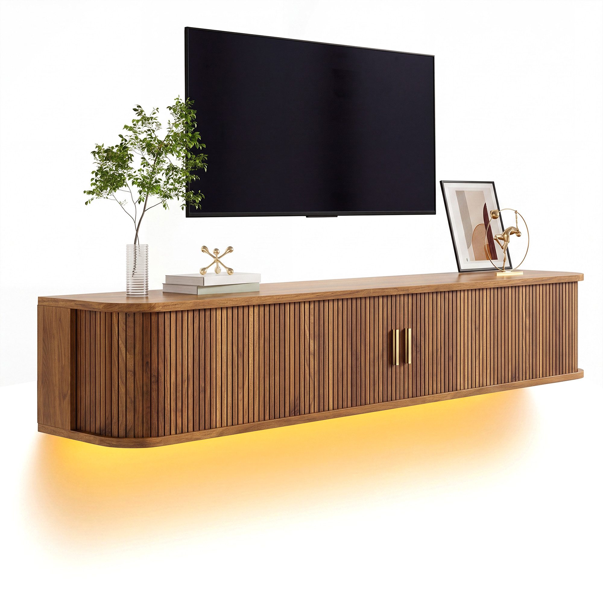 Merax Lowboard mit LED-Beleuchtung, Wandhängendes TV-Board mit vertikaler Rillenfront (1 St), Schwebender TV-Schrank mit 2 Schiebetüren & …