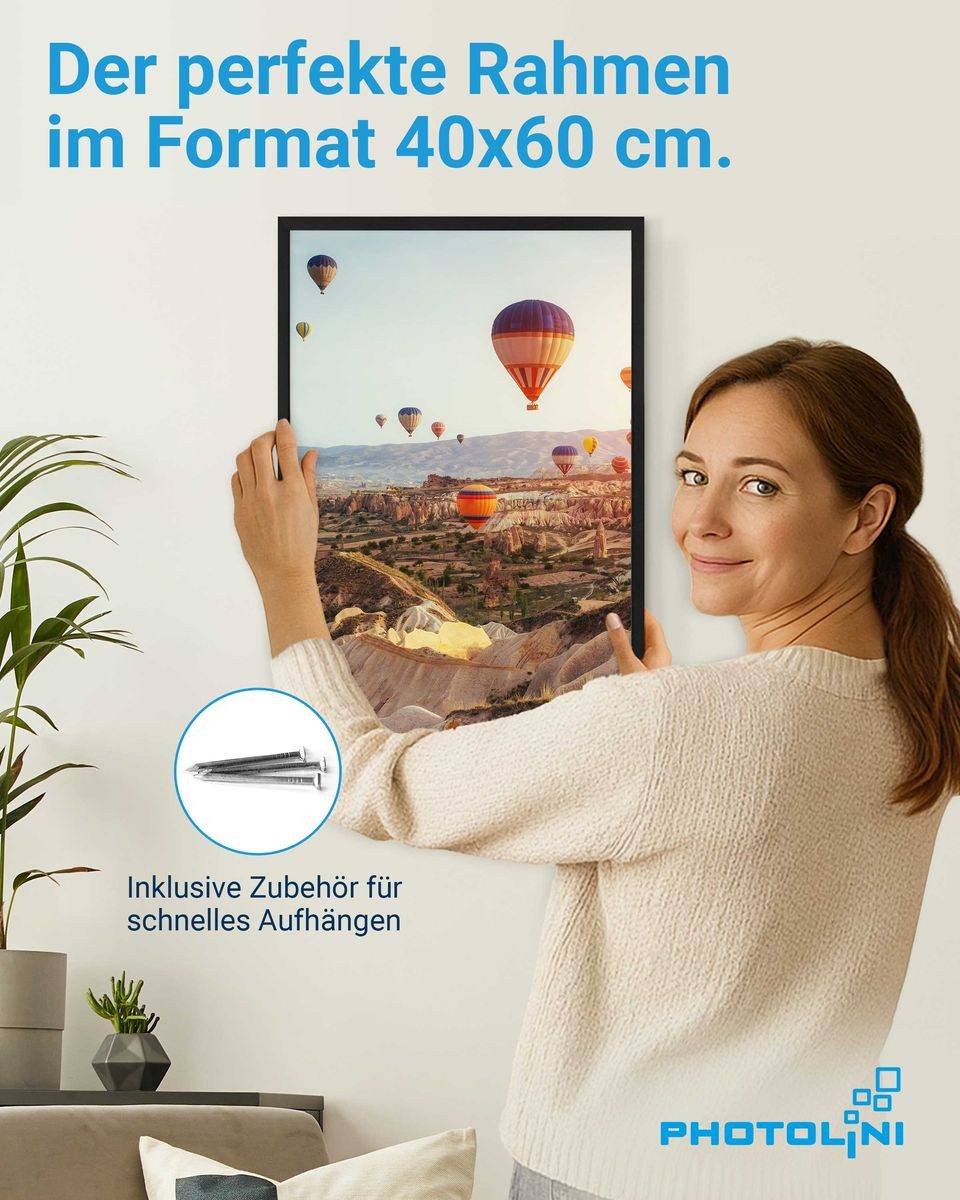 PHOTOLINI Bilderrahmen modern mit bruchsicherem Acrylglas, Holz MDF für Fotos & Poster, für 1 Bilder (1 Einzelrahmen), Posterrahmen 40x60 cm zum Aufhängen