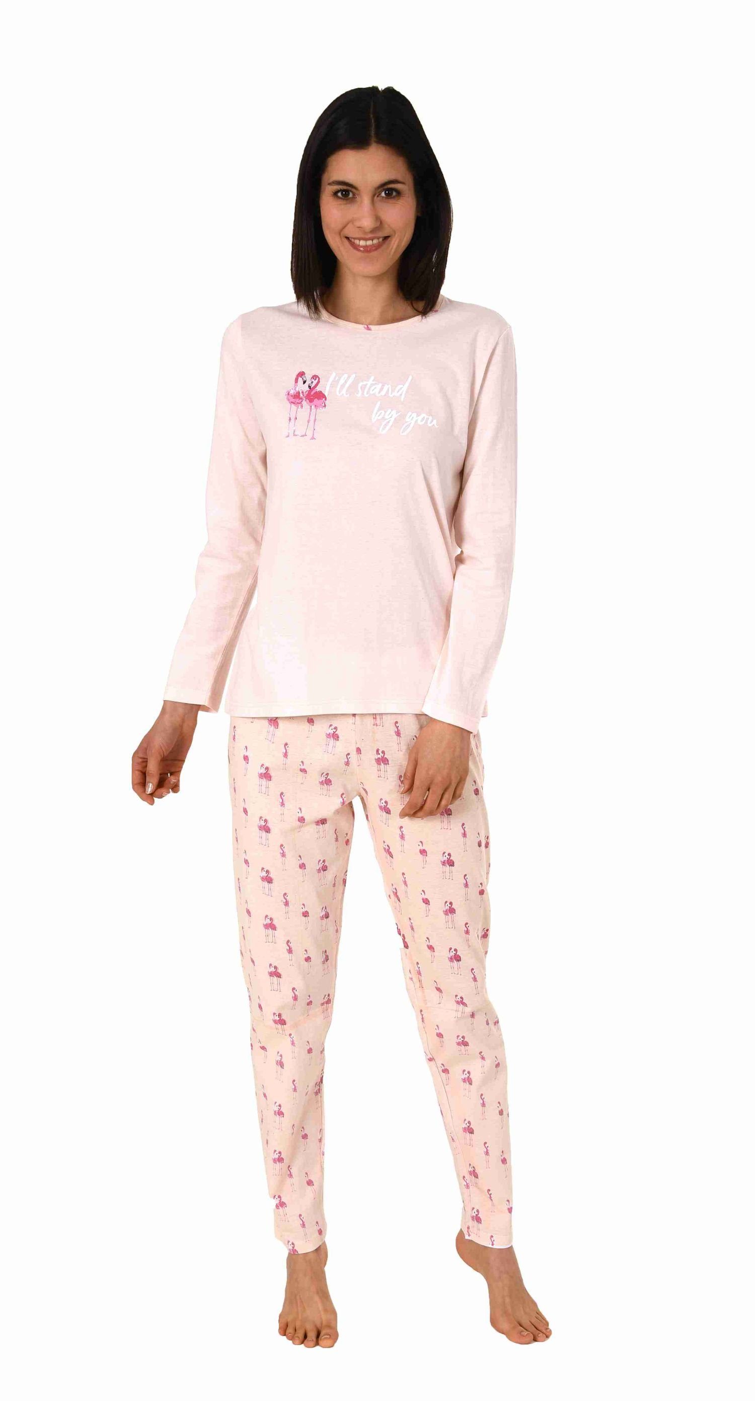 Normann Pyjama Damen Motiv, als bedruckt Schlafanzug Flamingo Pyjamahose allover mit