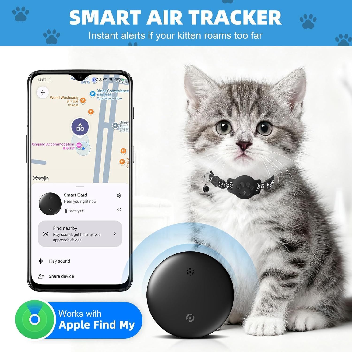 FELIXLEO Katzen-Futterautomat GPS Katzen Tracker ohne Abo IP68 wasserdicht für Google Find My App