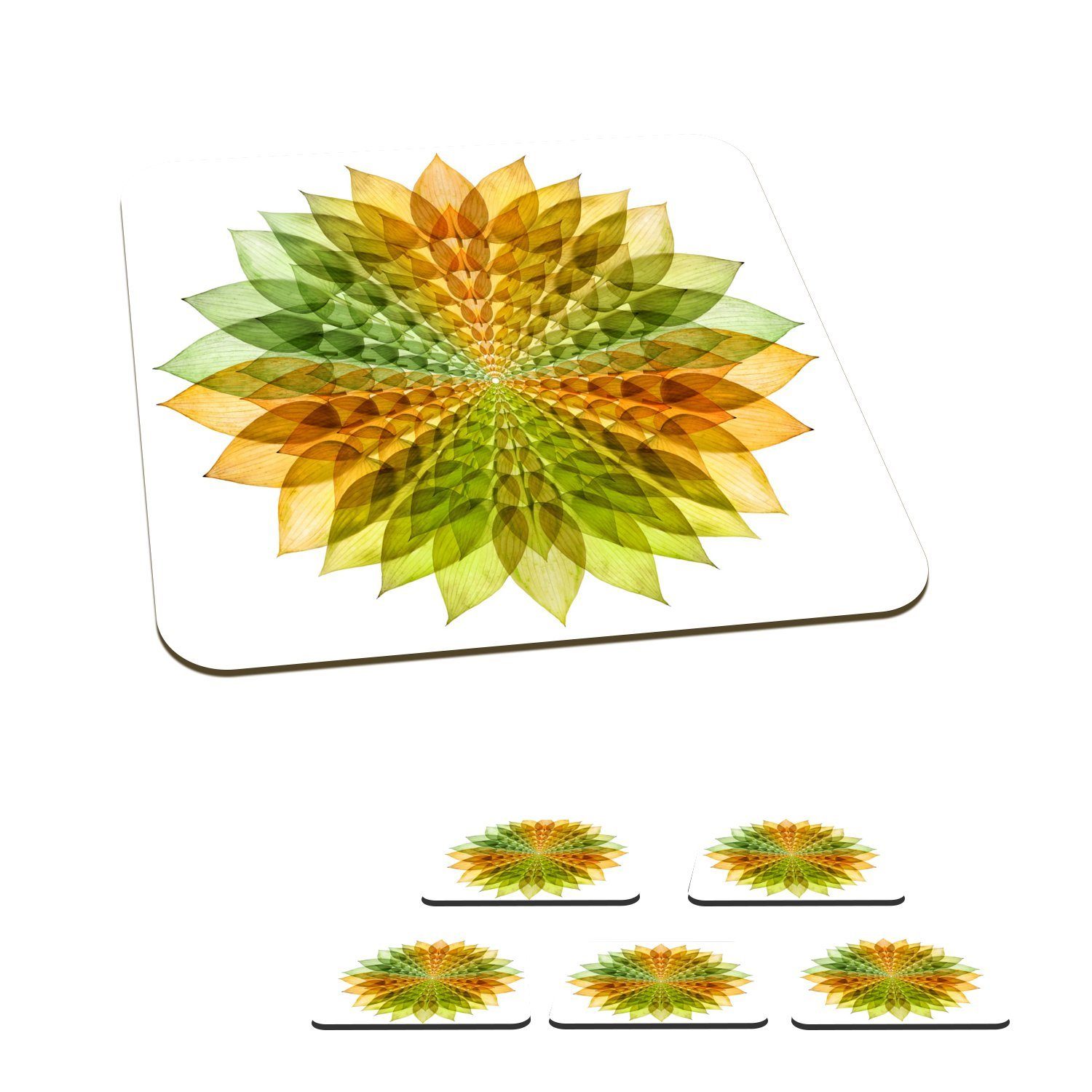 MuchoWow Glasuntersetzer Grünes und gelbes Mandala auf weißem Hintergrund, Zubehör für Gläser, 6-tlg., Glasuntersetzer, Tischuntersetzer, Korkuntersetzer, Untersetzer, Tasse