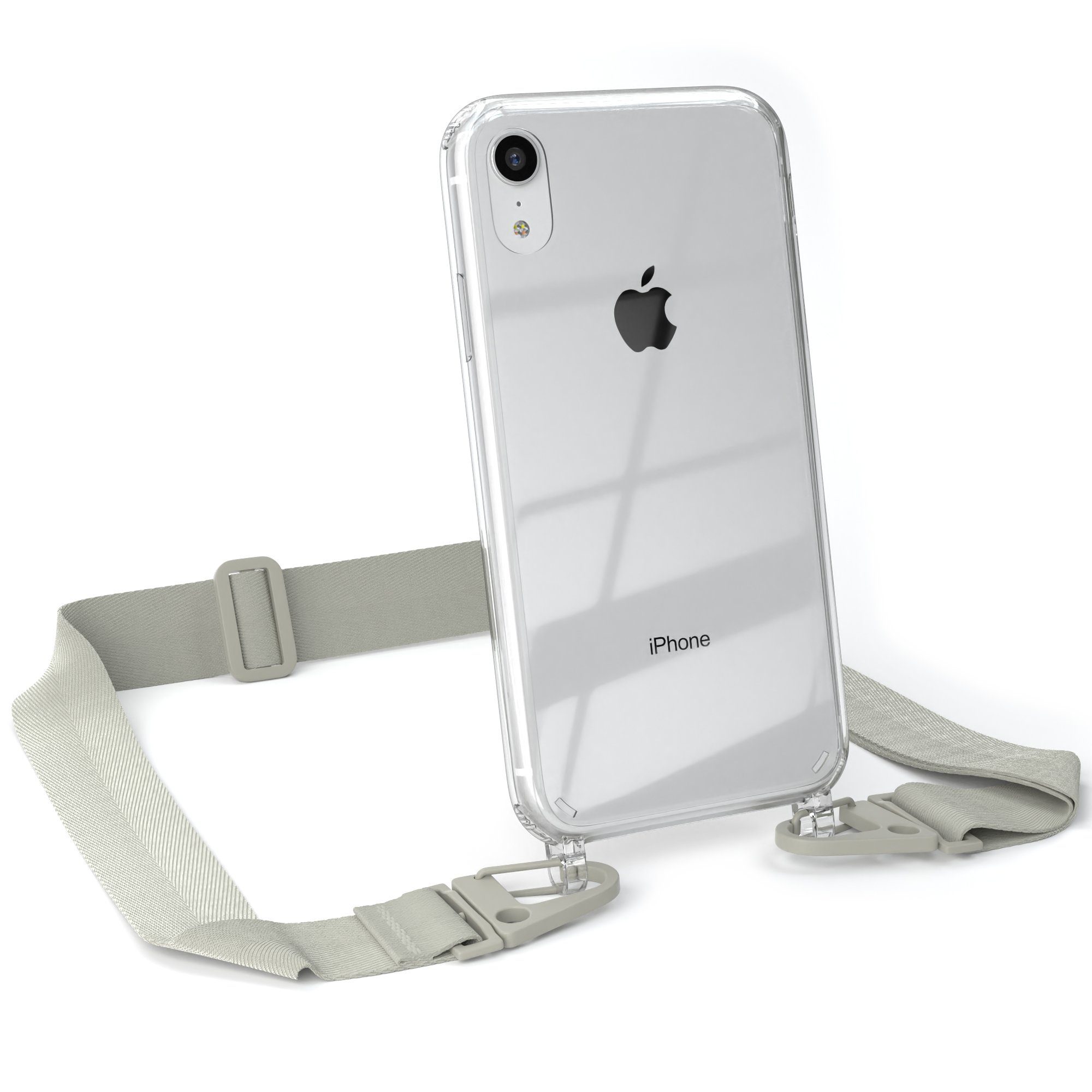 EAZY CASE Handykette Silikon Kette Karabiner für Apple iPhone XR 6,1 Zoll, Ketten Hülle Transparent Case Kettenhülle abnehmbare Kordel Grau Taupe