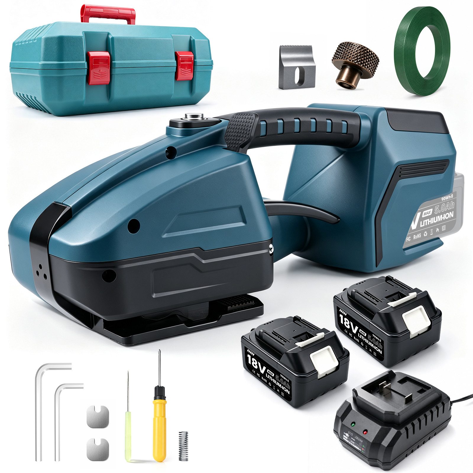 XIIW Elektrowerkzeug-Set Elektrische Umreifungsgerät 3500N mit 2×5Ah Akkus & LCD PET/PP 10–16mm, Set, 10-tlg., Automatische Umreifungsmaschine mit Bürstenloser Motor, Packwerkzeug für Boxen und Paletten