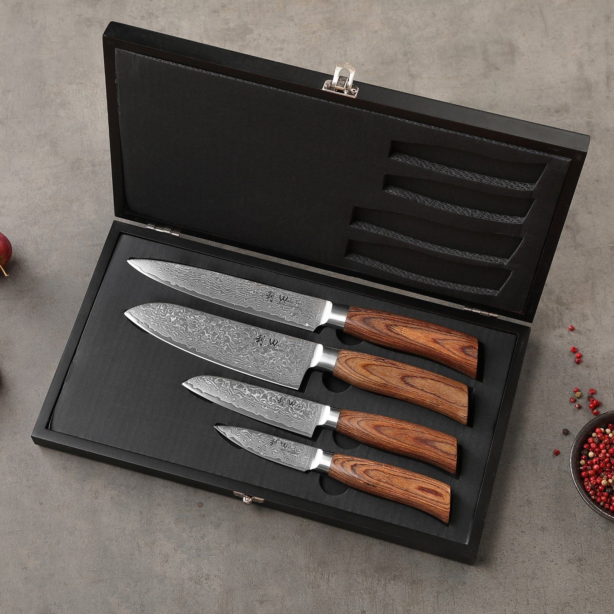 Wakoli Messer-Set Edib Pro 4 Damastmesser Küchenmesser 8-17 cm Klingen Pakkaholzgriffe (Damastmesser mit Geschenkbox, 4-tlg., 4er Damastmesser-Set mit Holzbox), Aus 67 Lagen Damaststahl, VG-10 Stahlkern