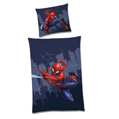 Kinderbettwäsche Spiderman "Comic Blau" 135x200 + 80x80cm aus 100% Baumwolle, Familando, Renforcé, 2 teilig, mit Wendemotiv auf Decke und Kopfkissen