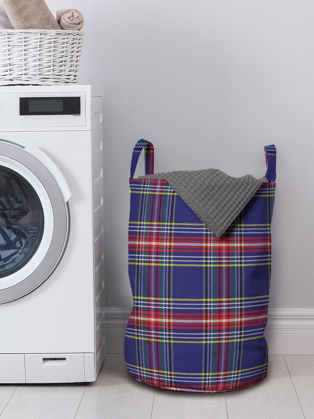 für Scottish Wäschekorb Style Kordelzugverschluss mit Waschsalons, Plaid Country Griffen Abakuhaus Wäschesäckchen