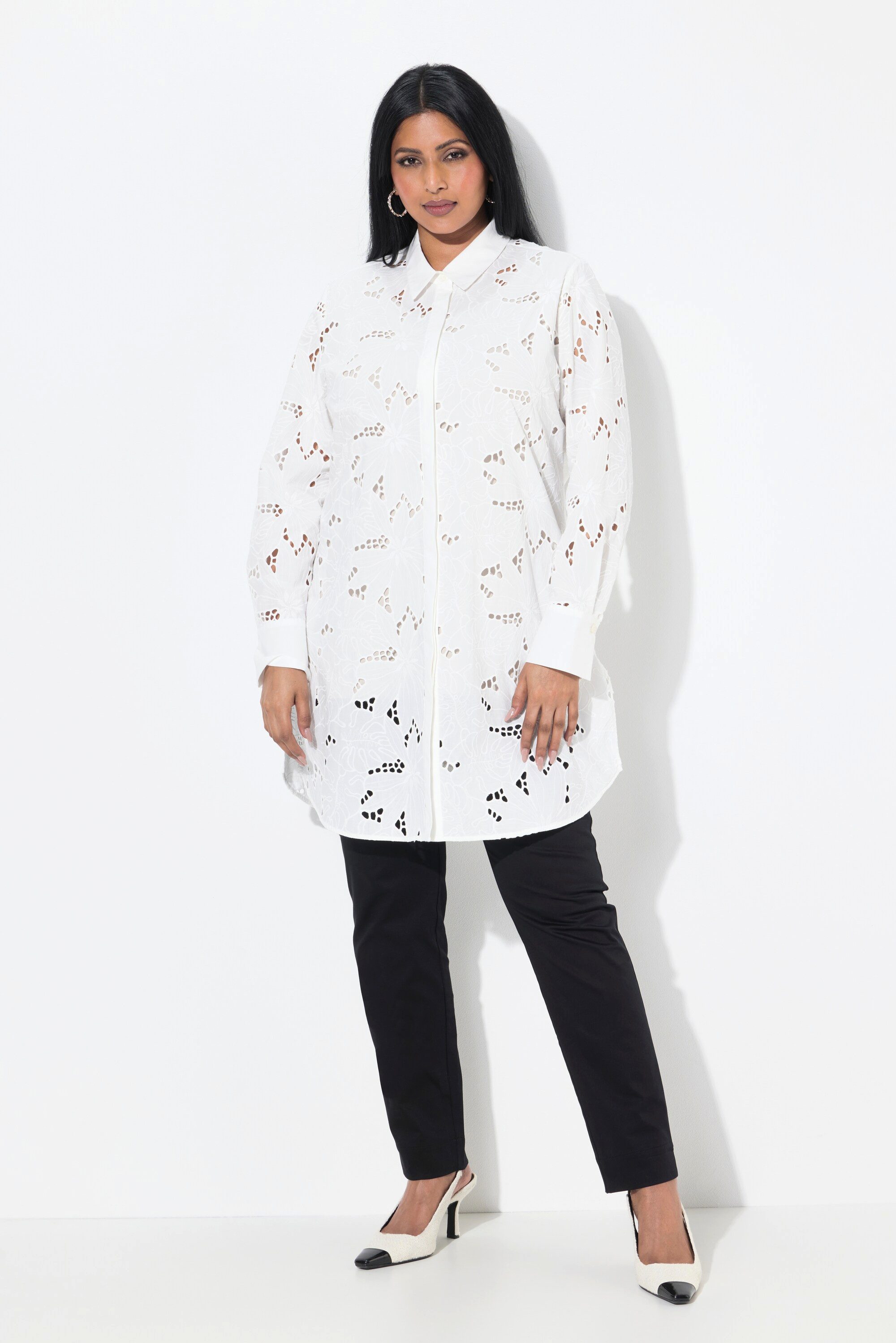 Longbluse Longbluse Lochspitze Hemdkragen Langarm