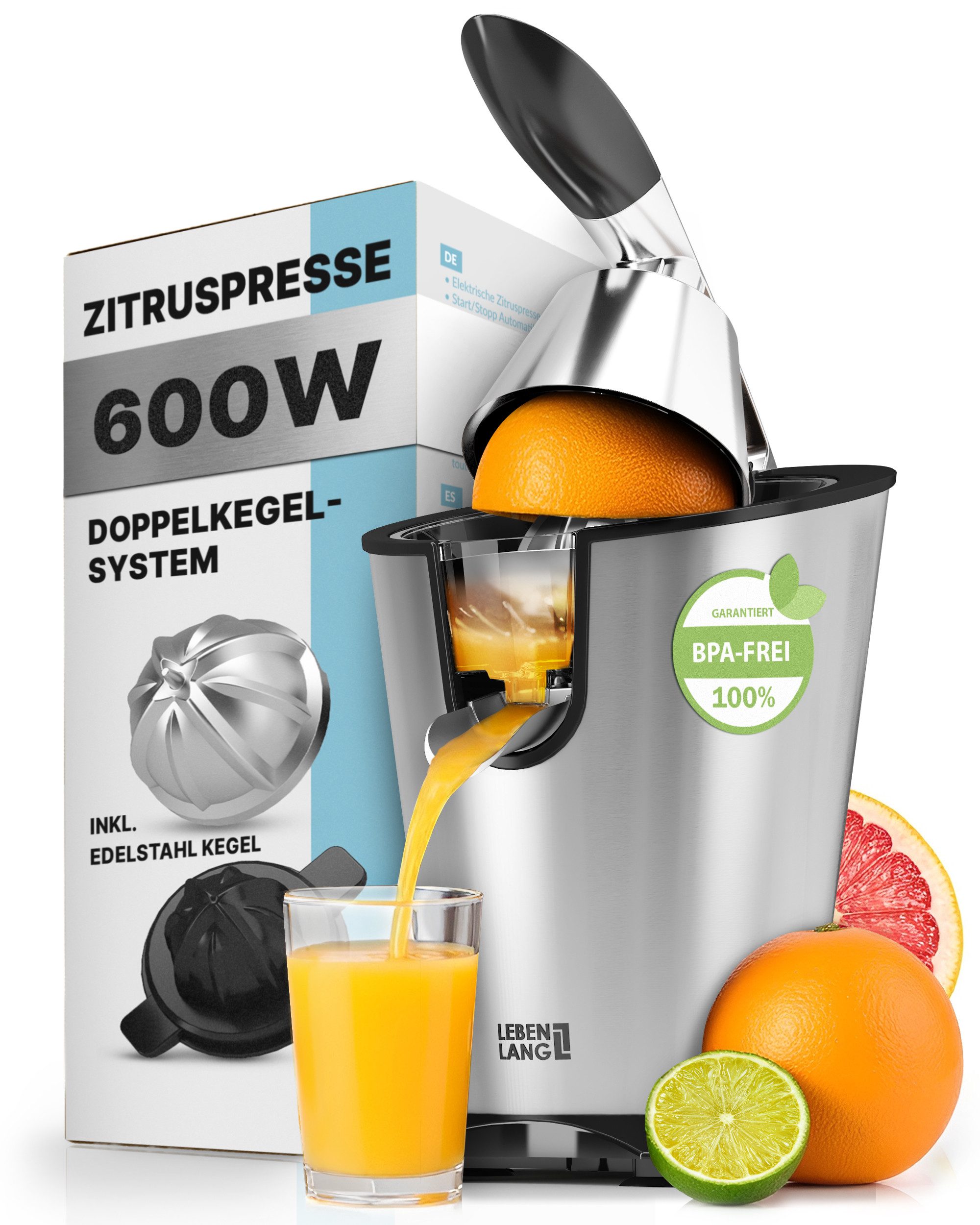 Lebenlang Zitruspresse LEBENLANG Saftpresse elektrisch 600W - Inkl. Edelstahlkegel & BPA-Frei, 600,00 W, Hohe Saftausbeute, Schwarz & Silber