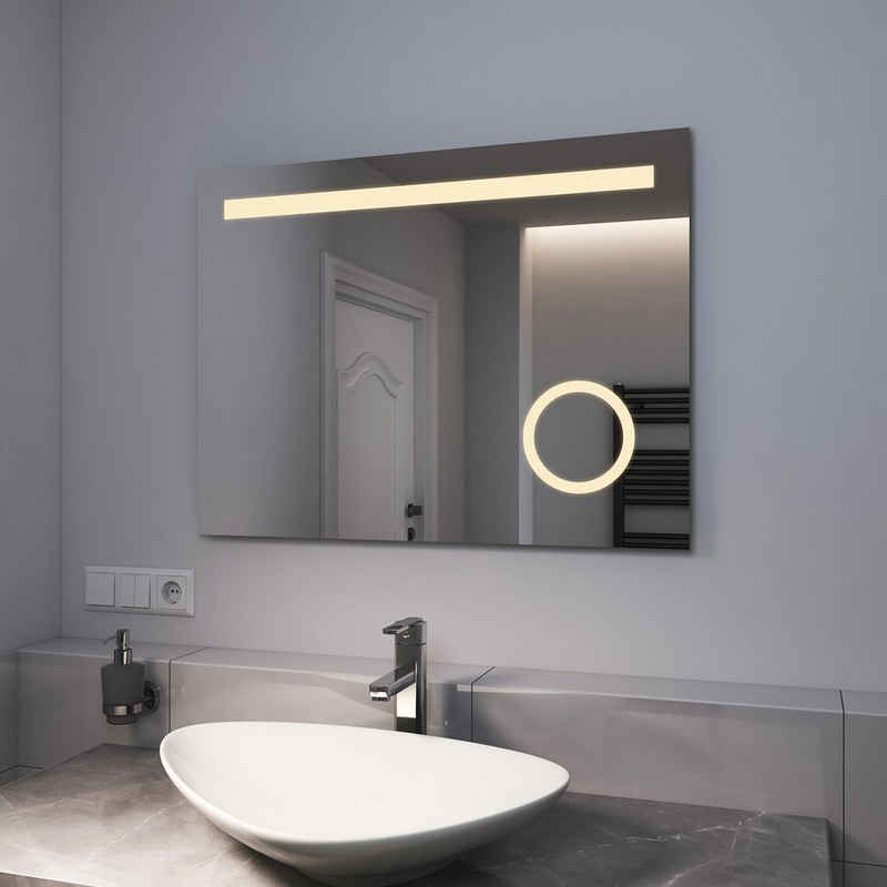 EMKE Badspiegel EMKE LED Badspiegel mit Beleuchtung, LED Wandspiegel, mit Taste und Beschlagfrei, 2 Lichtfarbe Warmweiß/Kaltweiß